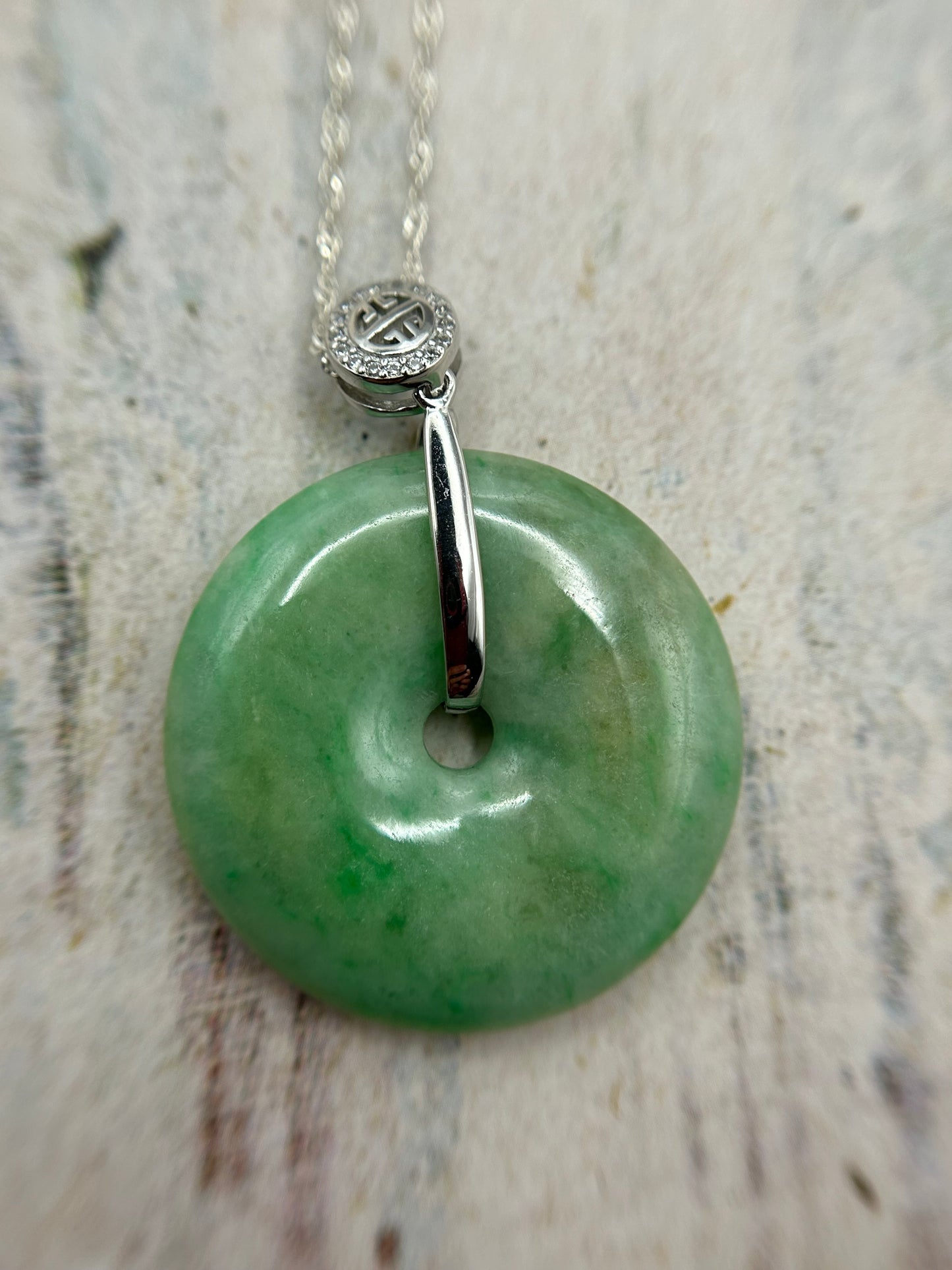 Grade A Natural Green and yellow Jadeite Pi Disc pendant with silver bail necklace