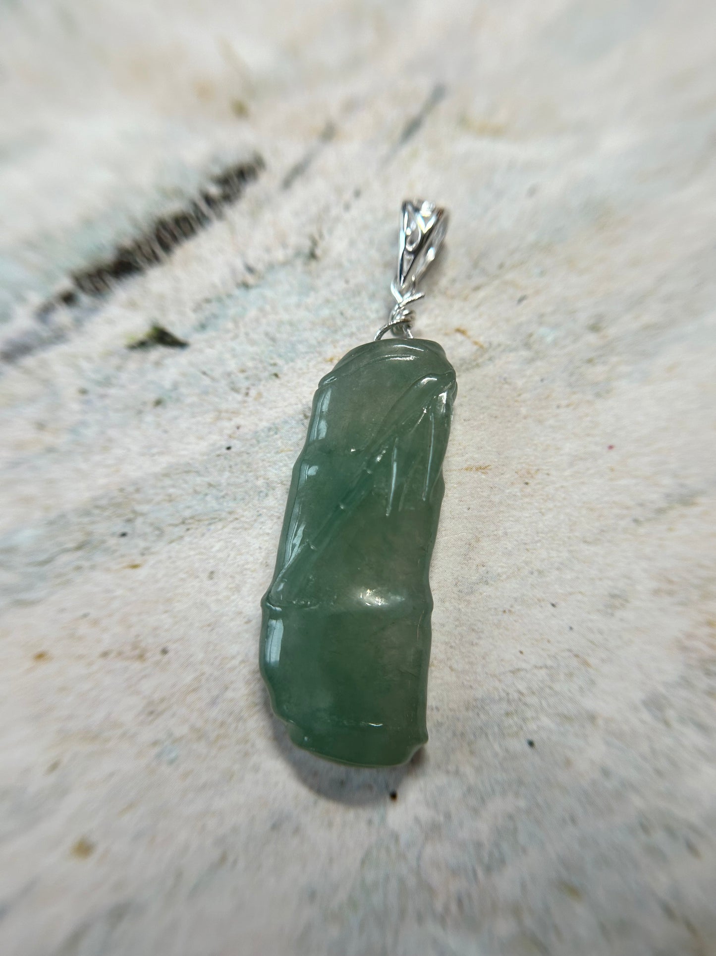 Grade A Natural Icy Green Burma jadeite bamboo with sterling silver pendant