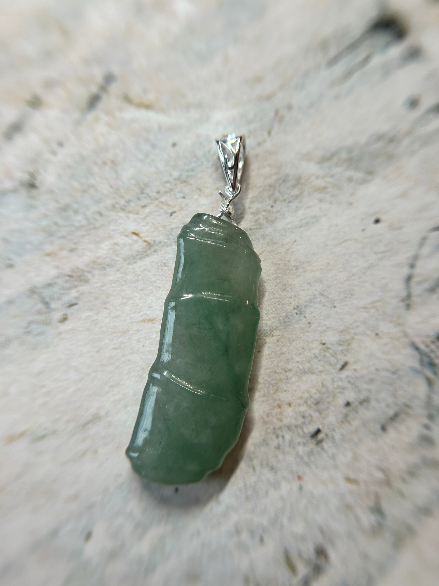 Grade A Natural Icy Green Burma jadeite bamboo with sterling silver pendant