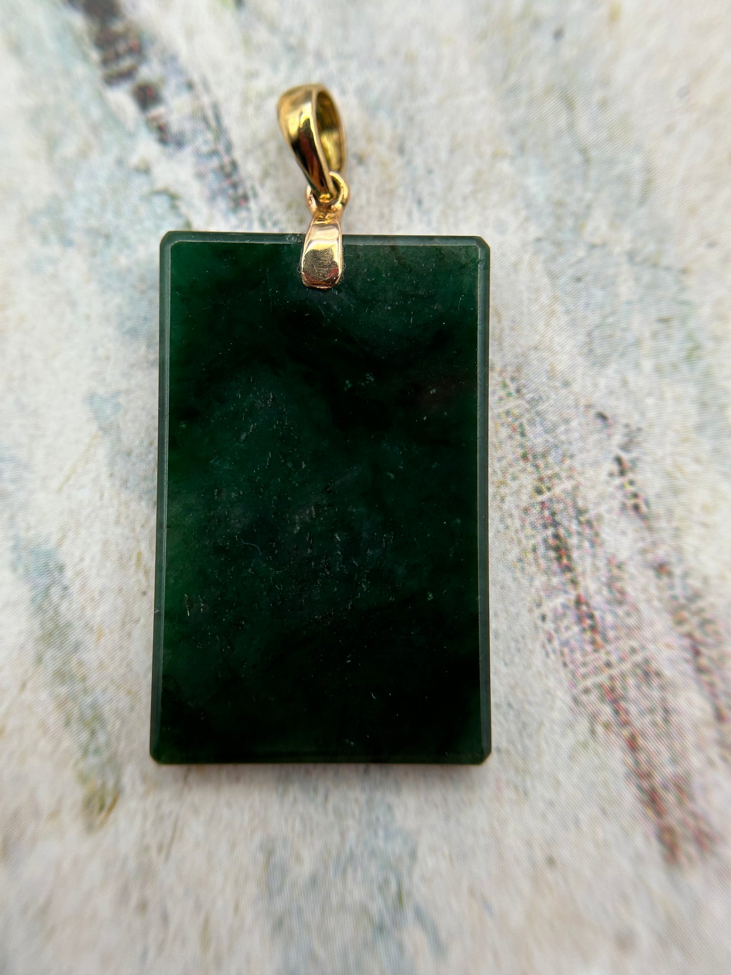 Grade A Natural Highly Icy Dark Green Rectangle 18K yellow gold bails Pendant