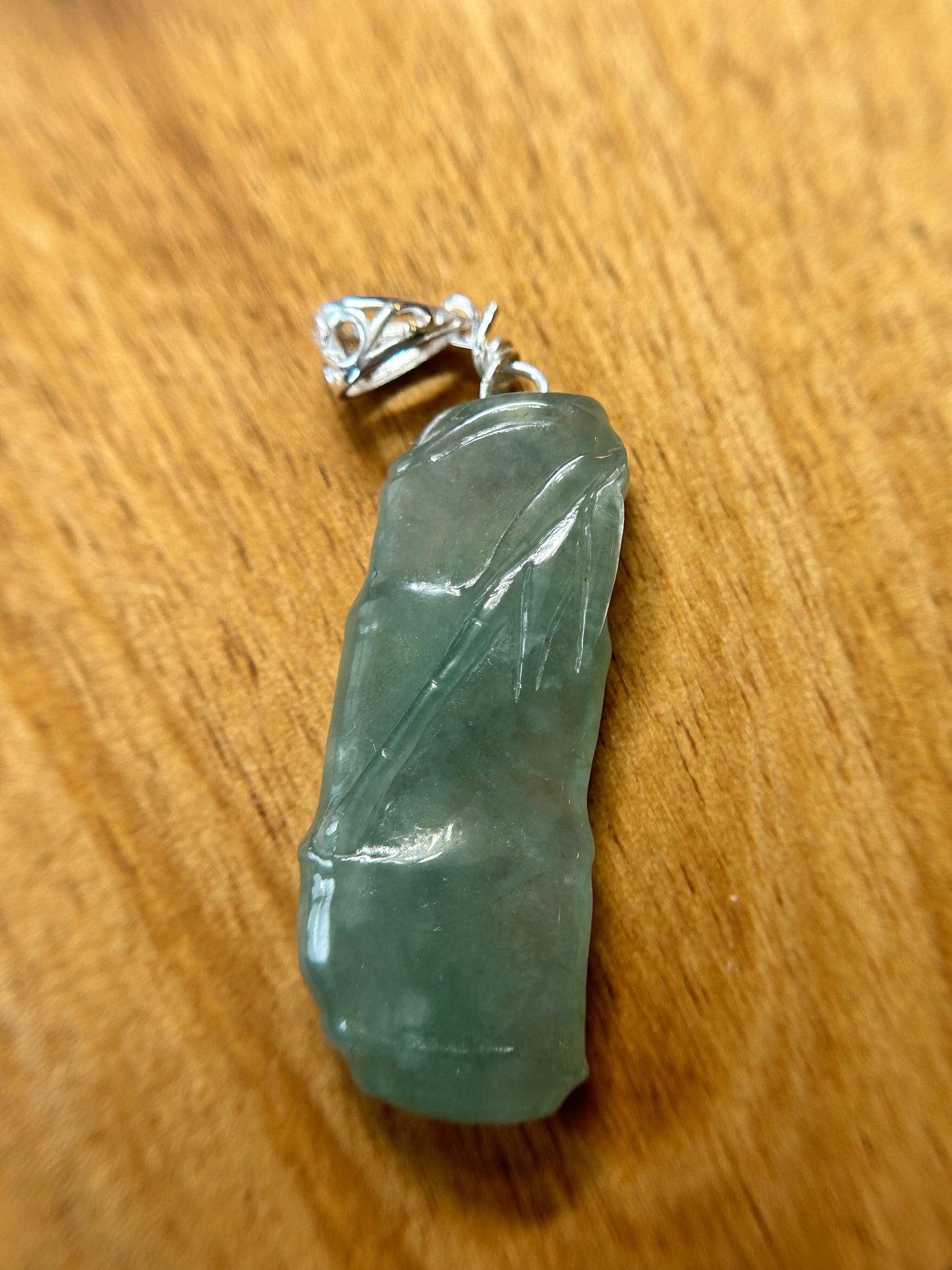 Grade A Natural Icy Green Burma jadeite bamboo with sterling silver pendant