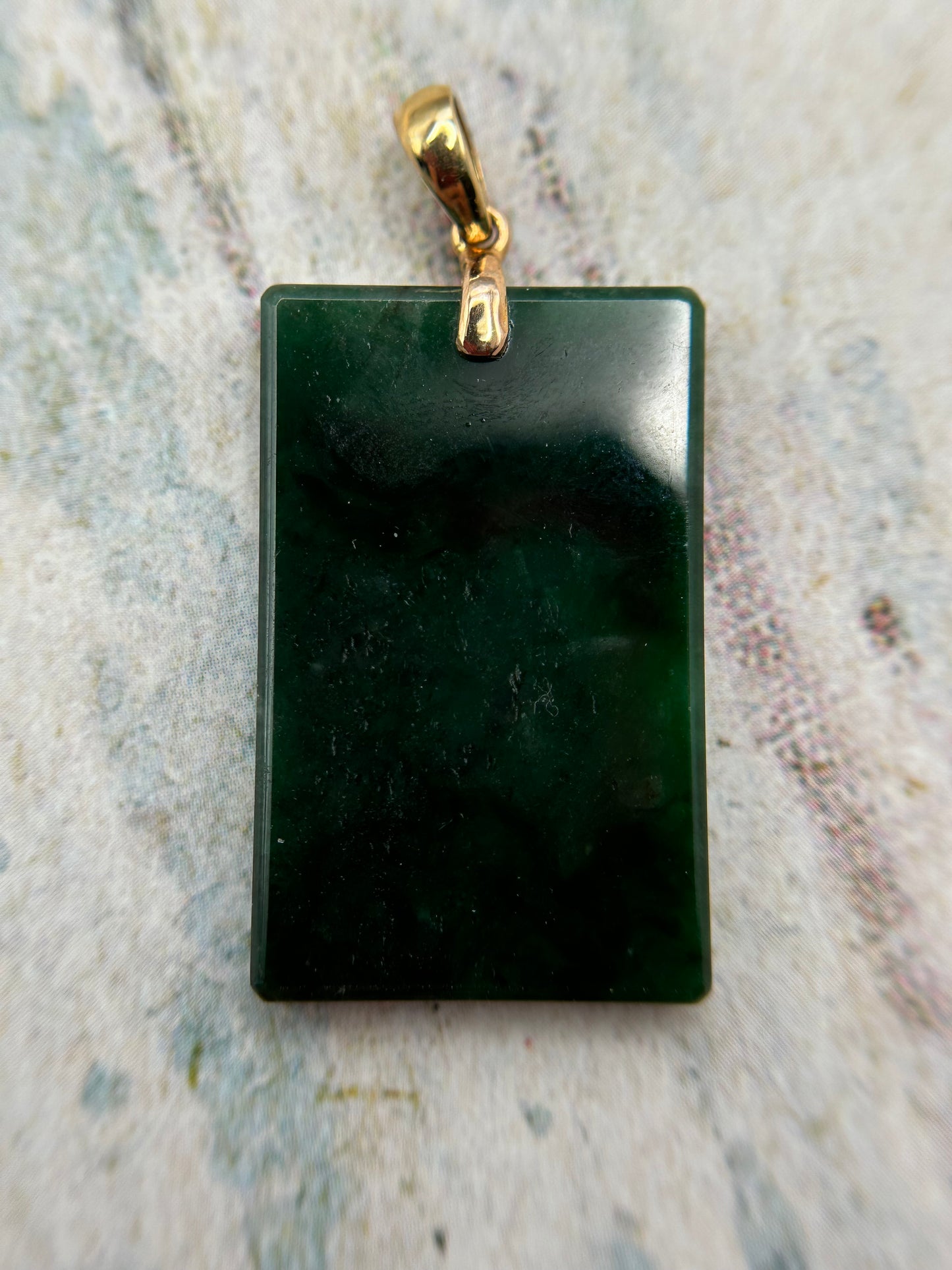 Grade A Natural Highly Icy Dark Green Rectangle 18K yellow gold bails Pendant