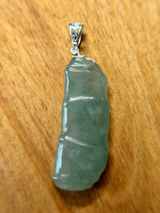 Grade A Natural Icy Green Burma jadeite bamboo with sterling silver pendant