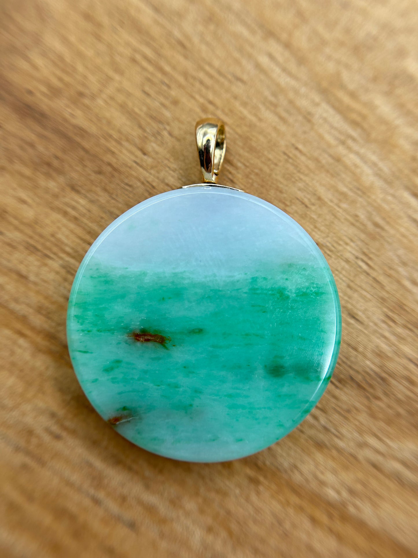 Grade A Natural Green Burma Jadeite Full moon Pendant with 18K yellow gold 360 turn bail