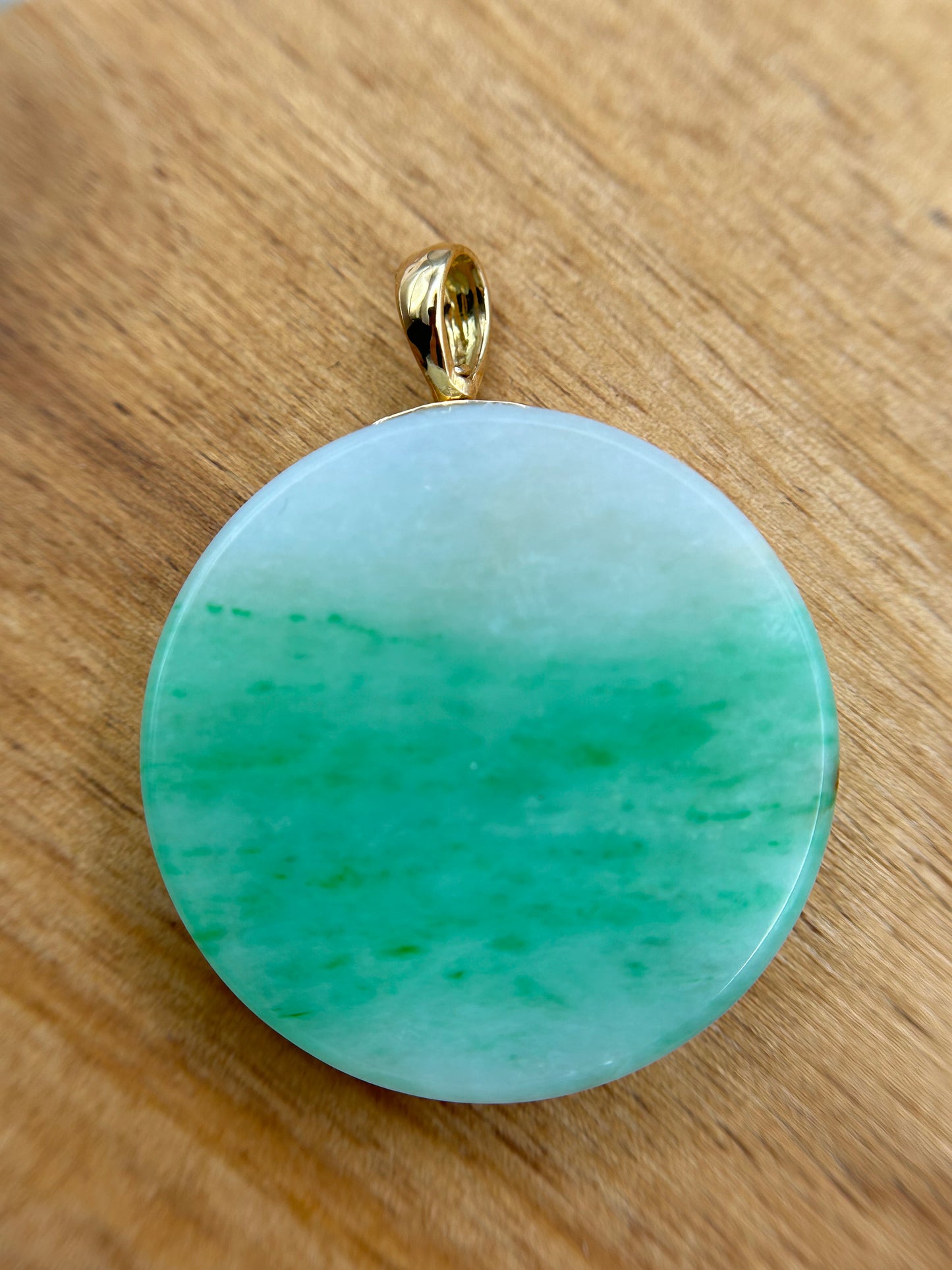 Grade A Natural Green Burma Jadeite Full moon Pendant with 18K yellow gold 360 turn bail