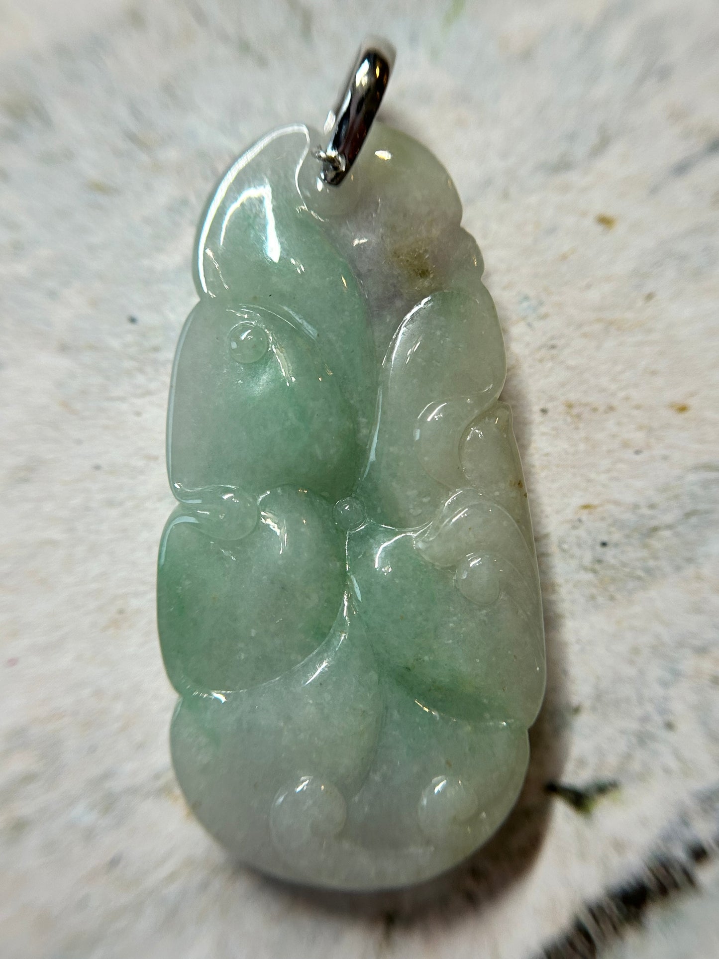 Grade A Natural Icy green and lavender Burma Jadeite pendant with double sided hand carved with fish and flower