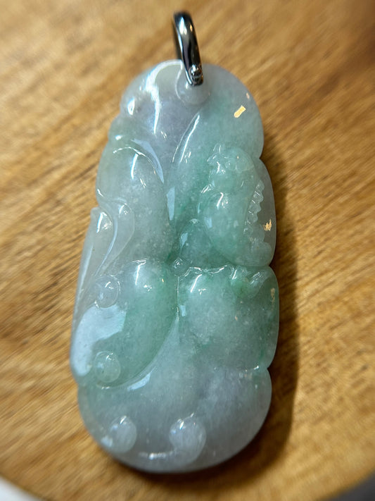 Grade A Natural Icy green and lavender Burma Jadeite pendant with double sided hand carved with fish and flower