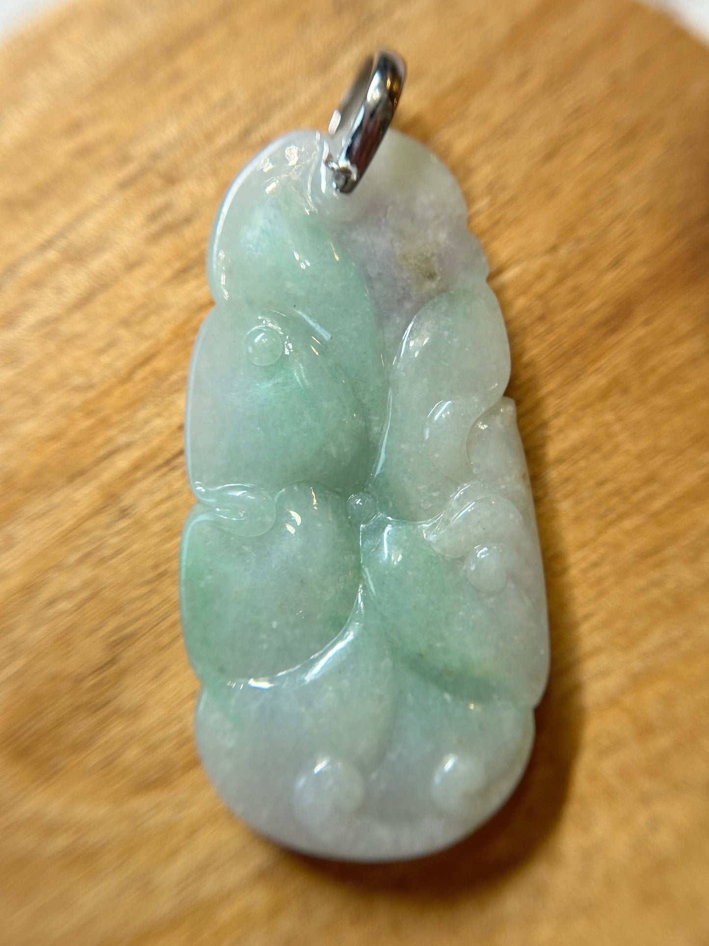 Grade A Natural Icy green and lavender Burma Jadeite pendant with double sided hand carved with fish and flower