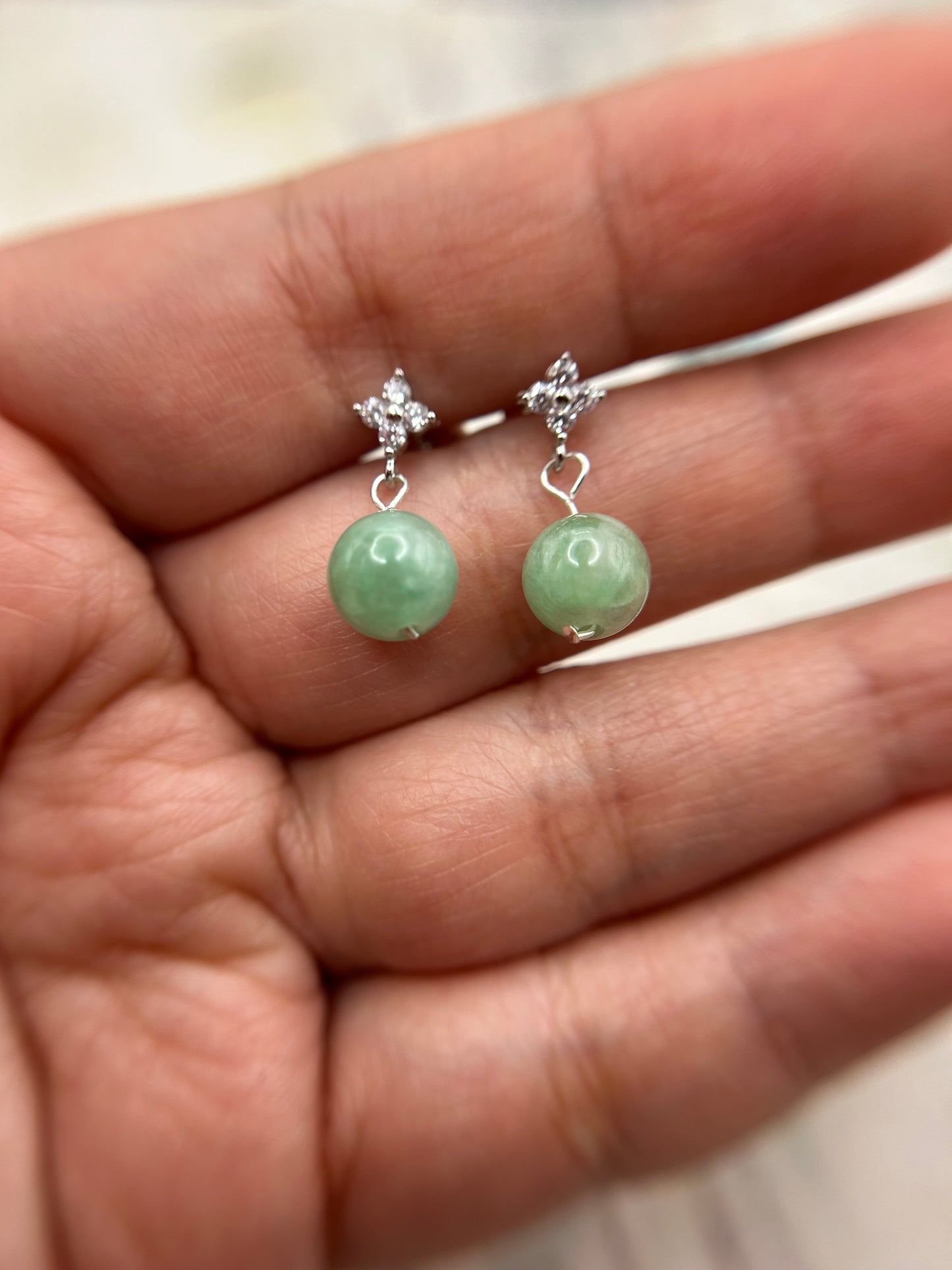 Natural Grade A Green Myanmar Jadeite Beads Sterling Sliver Earring