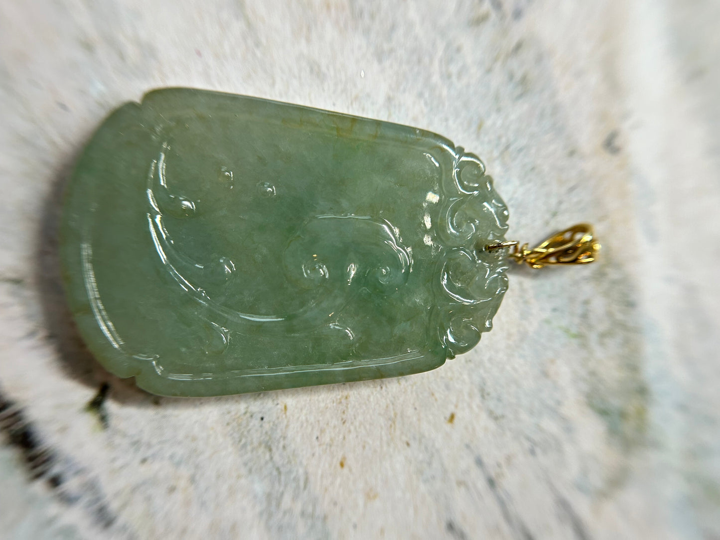 Grade A Natural Icy green  Burma Jadeite pendant with double sided hand carved with fish and flower Gold over Sterling Silver Bail Pendant