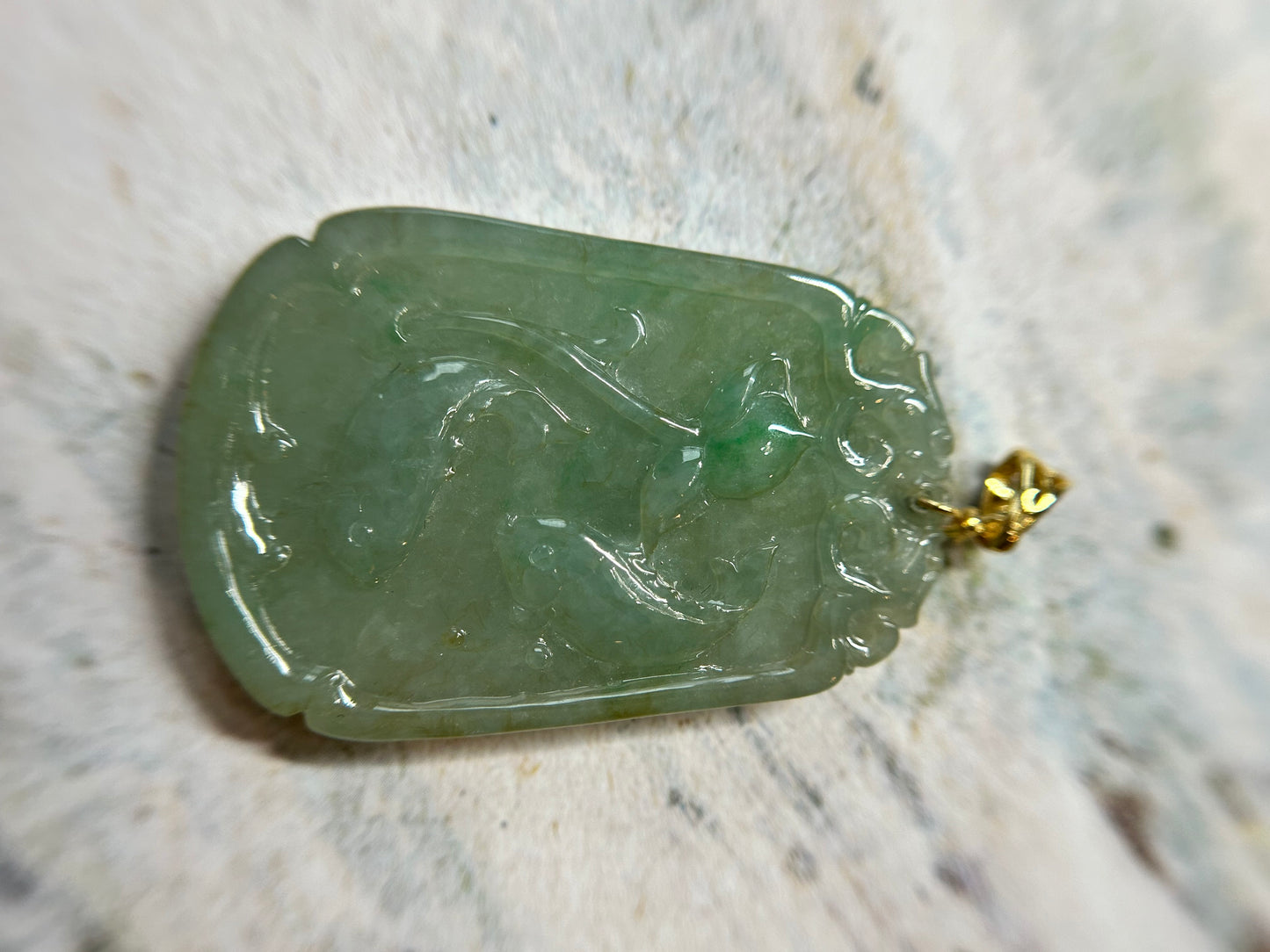 Grade A Natural Icy green  Burma Jadeite pendant with double sided hand carved with fish and flower Gold over Sterling Silver Bail Pendant