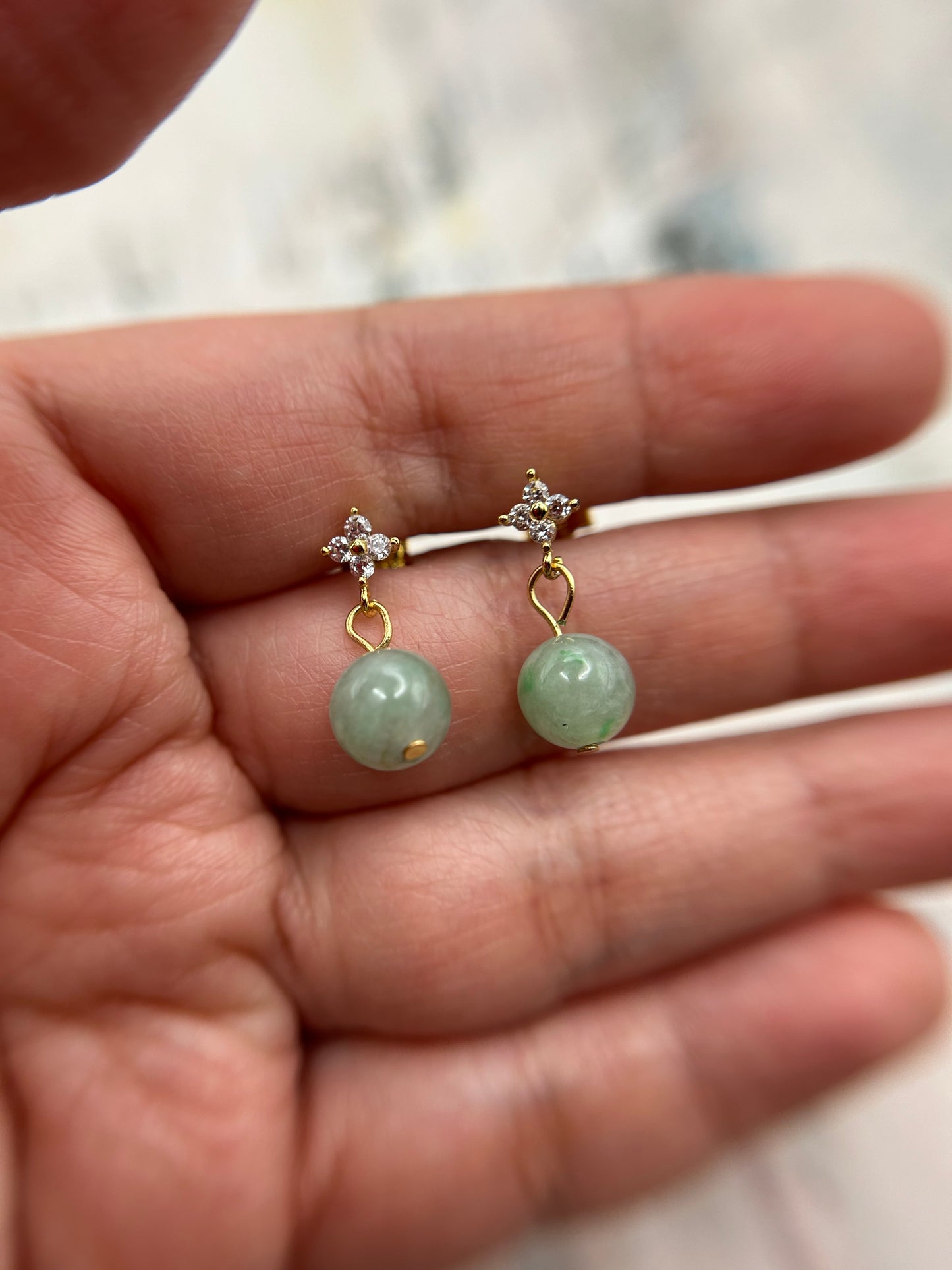 Natural Grade A Green Myanmar Jadeite Beads  Gold Over Sterling Silver Earring