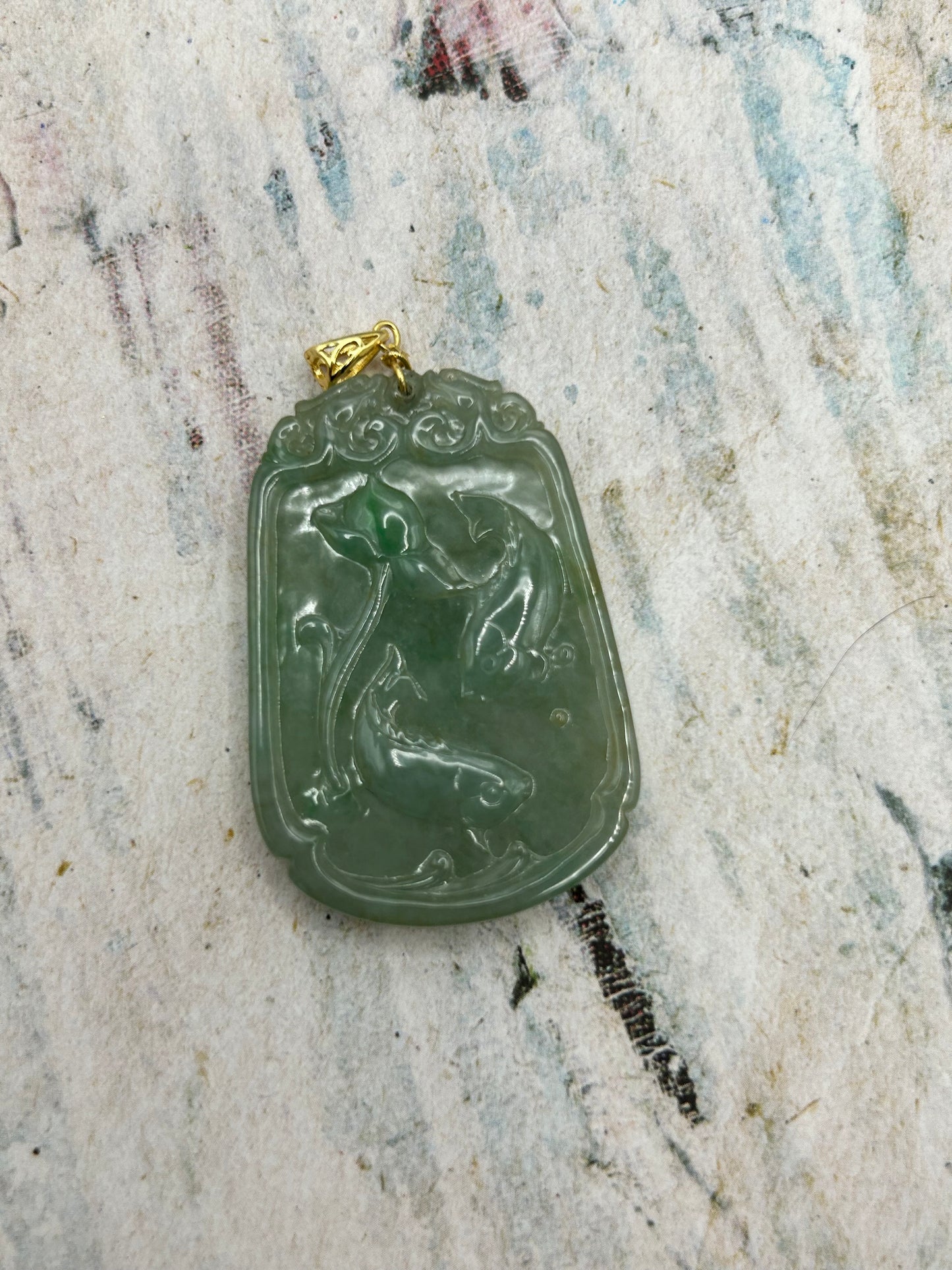 Grade A Natural Icy green  Burma Jadeite pendant with double sided hand carved with fish and flower Gold over Sterling Silver Bail Pendant