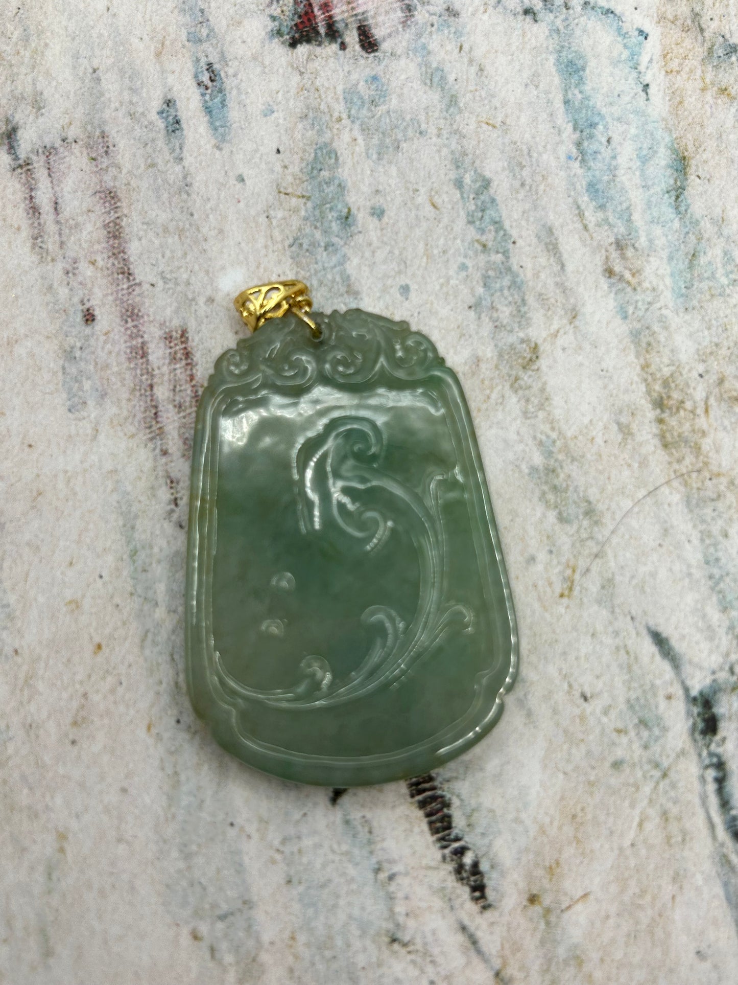 Grade A Natural Icy green  Burma Jadeite pendant with double sided hand carved with fish and flower Gold over Sterling Silver Bail Pendant