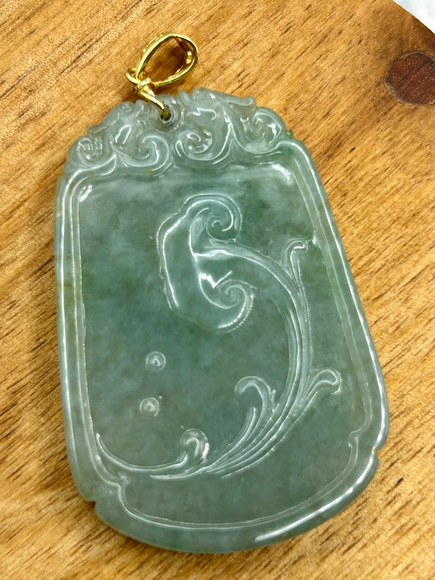 Grade A Natural Icy green  Burma Jadeite pendant with double sided hand carved with fish and flower Gold over Sterling Silver Bail Pendant