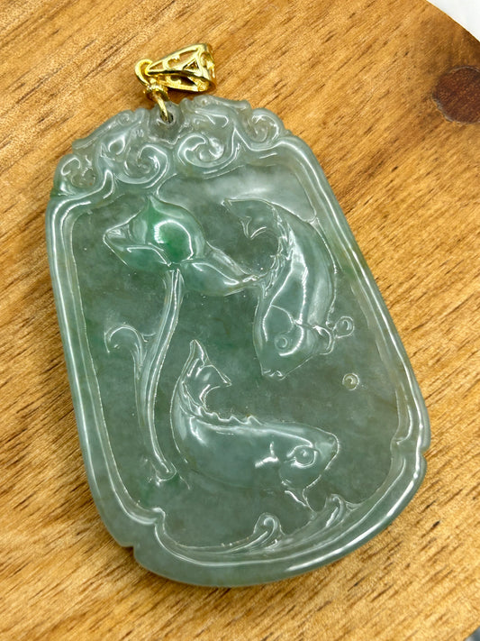 Grade A Natural Icy green  Burma Jadeite pendant with double sided hand carved with fish and flower Gold over Sterling Silver Bail Pendant