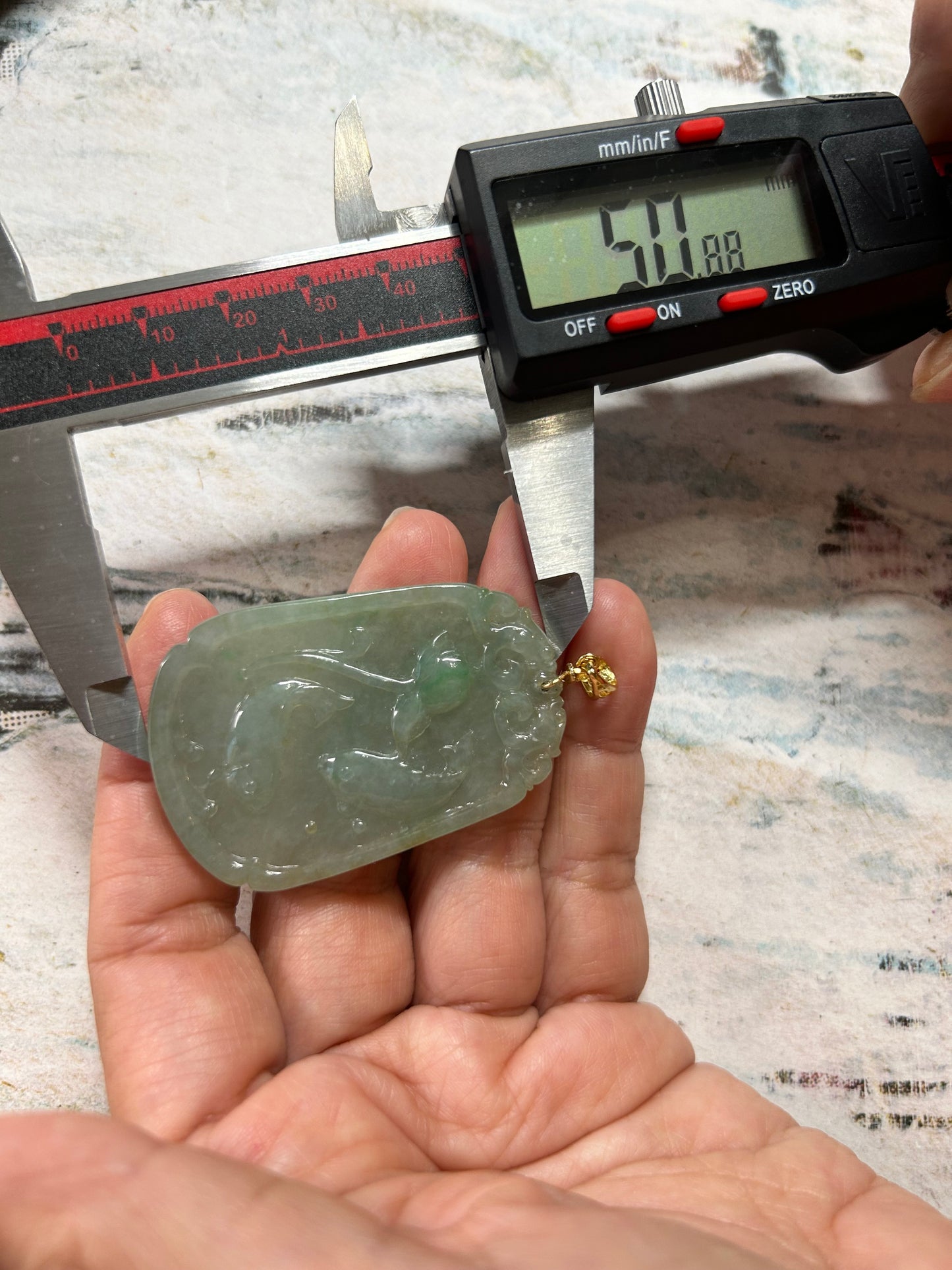 Grade A Natural Icy green  Burma Jadeite pendant with double sided hand carved with fish and flower Gold over Sterling Silver Bail Pendant