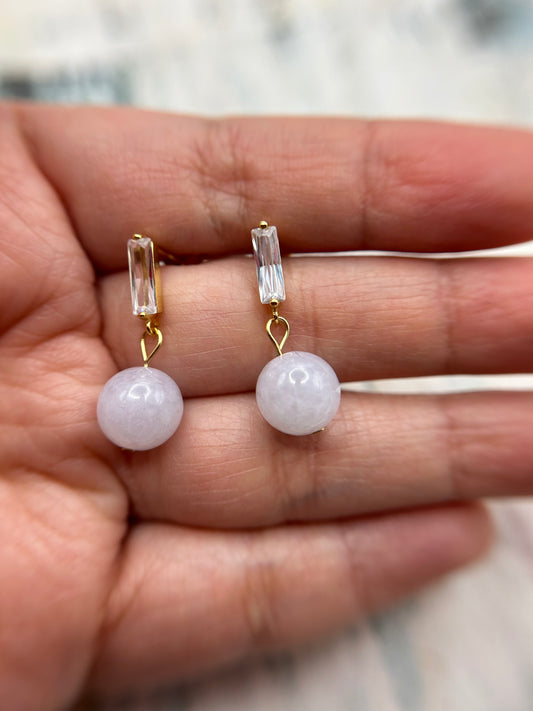 Natural Grade A light Lavender Burmese Jadeite beads  Gold over 925 silver earring