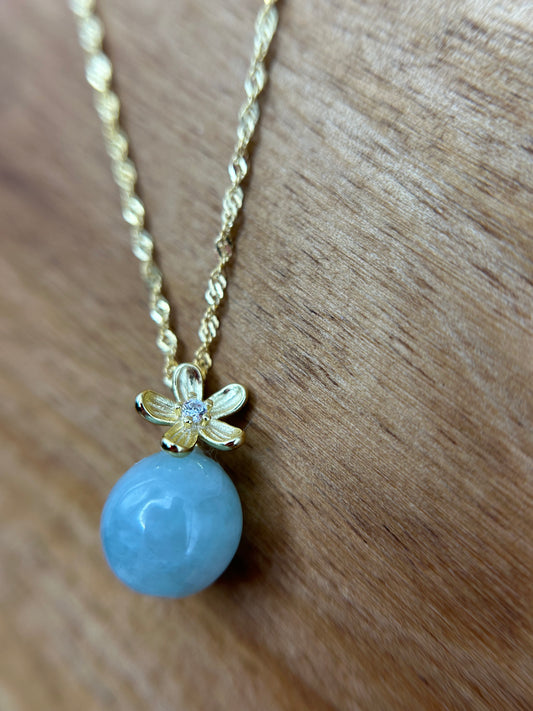 Grade A Natural lcy Green Bead Jadeite pendant with Flower Bail Gold Over sterling silver necklace