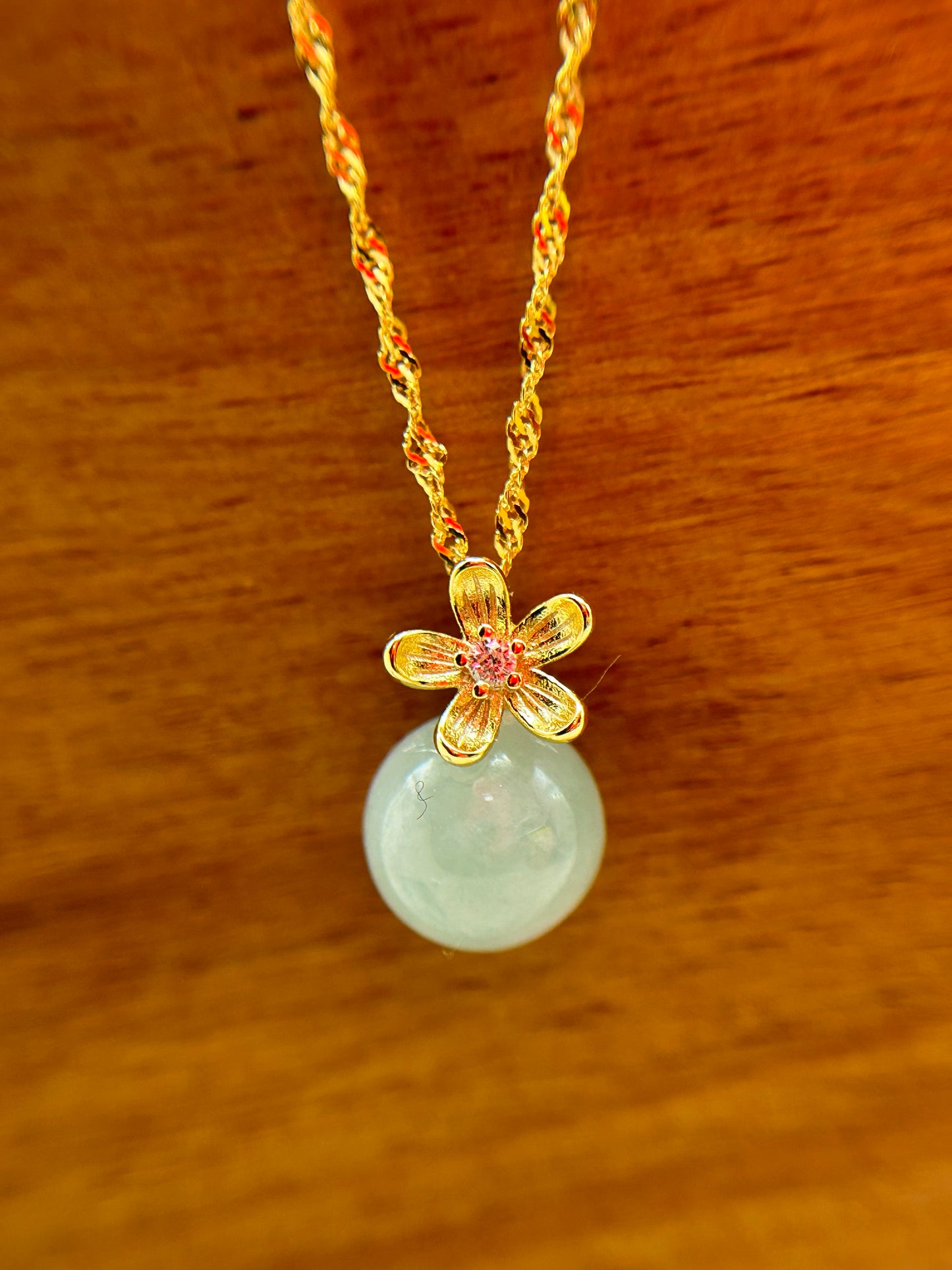 Grade A Natural lcy Green Bead Jadeite pendant with Flower Bail Gold Over sterling silver necklace