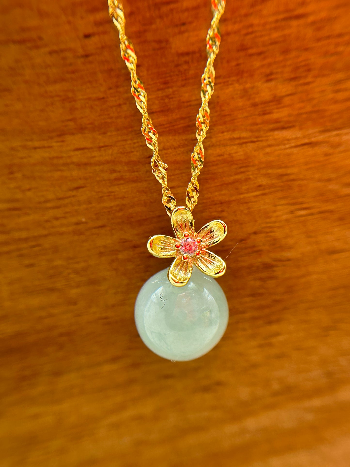 Grade A Natural lcy Green Bead Jadeite pendant with Flower Bail Gold Over sterling silver necklace