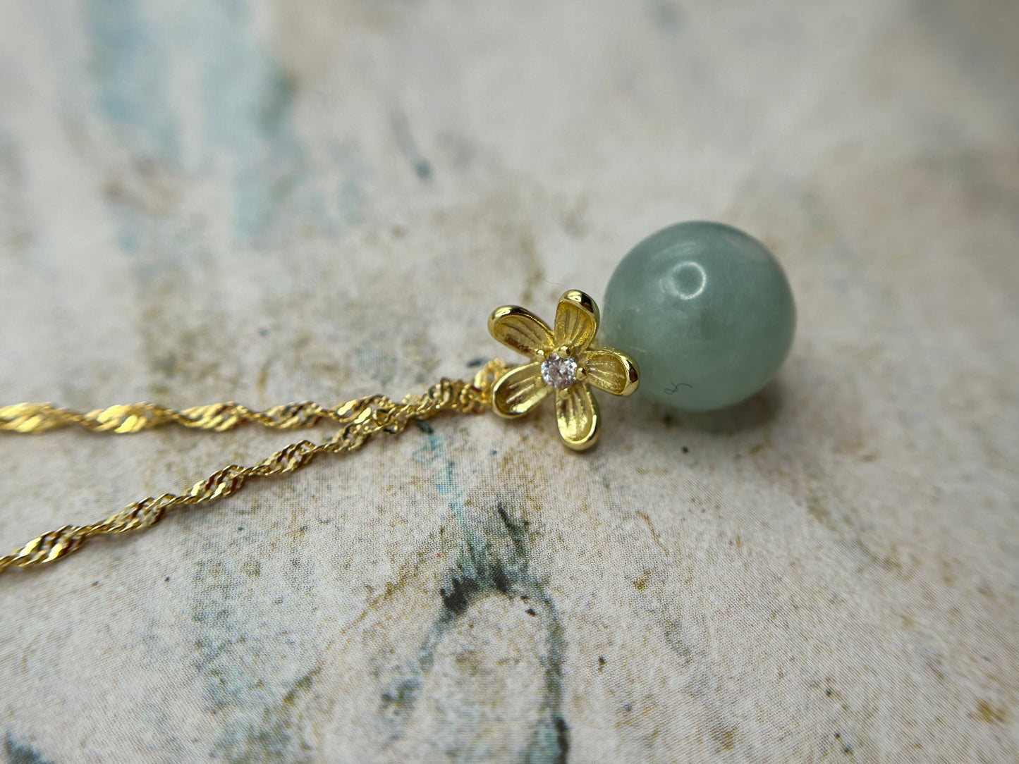 Grade A Natural lcy Green Bead Jadeite pendant with Flower Bail Gold Over sterling silver necklace