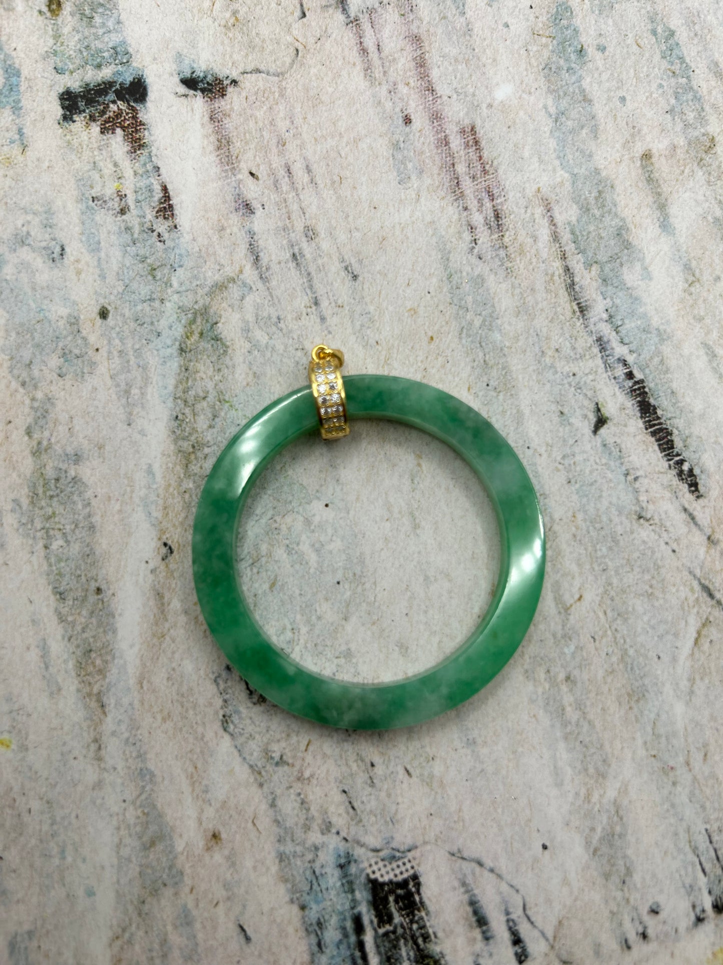 Grade A Natural Green Burmese Jadeite Full green Big circle Gold over Sterling Silver Bail Pendant