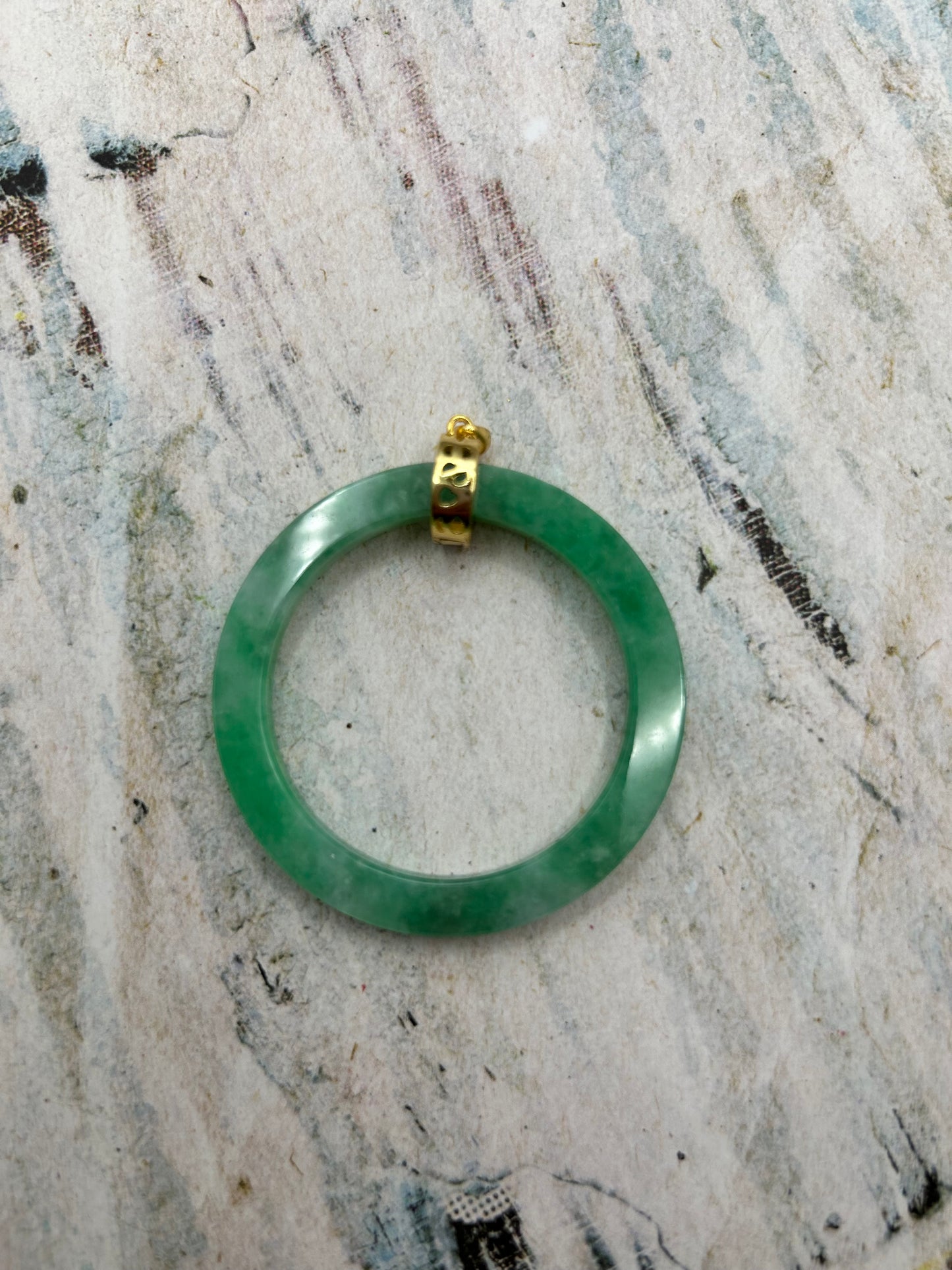 Grade A Natural Green Burmese Jadeite Full green Big circle Gold over Sterling Silver Bail Pendant