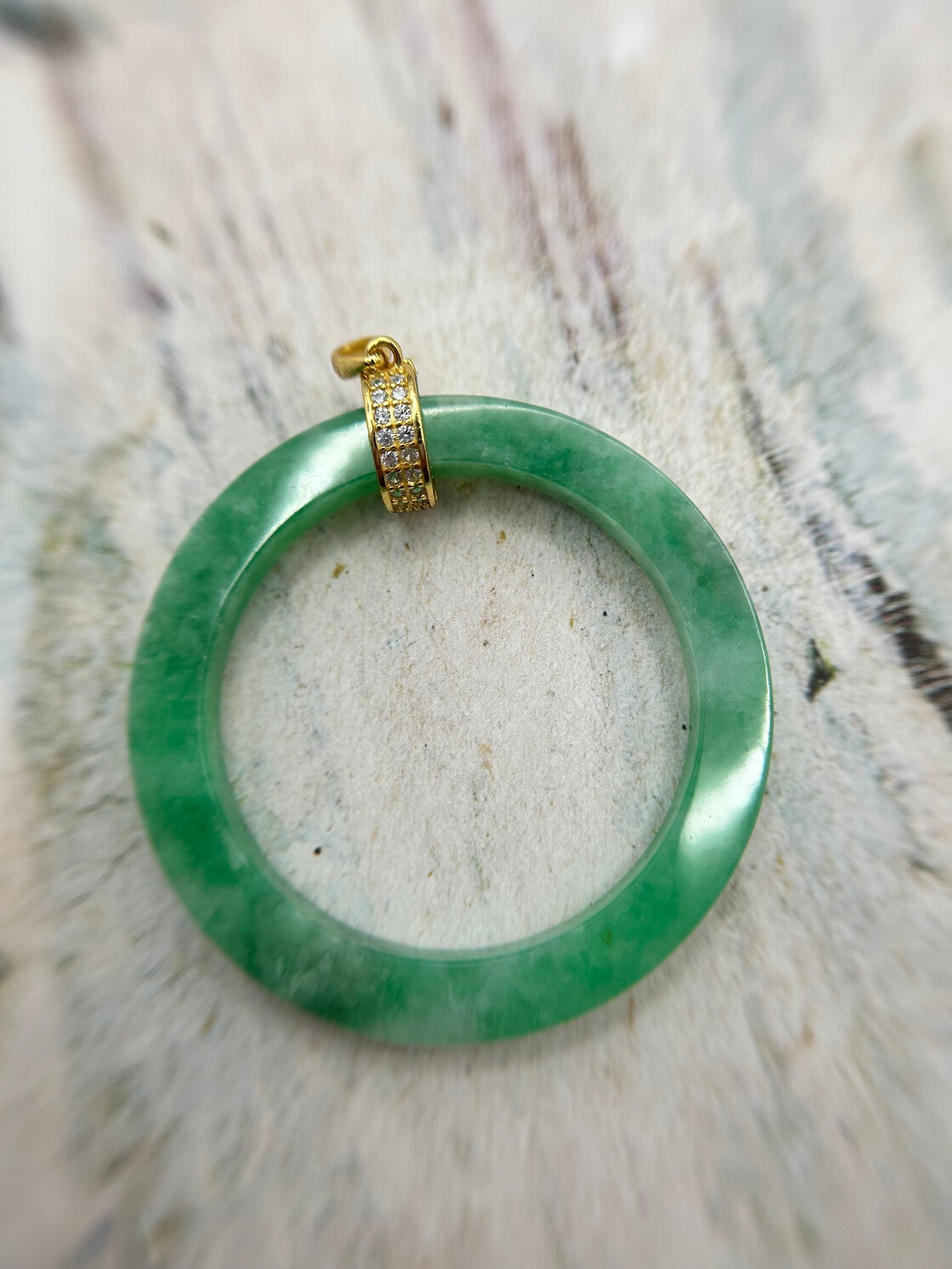 Grade A Natural Green Burmese Jadeite Full green Big circle Gold over Sterling Silver Bail Pendant