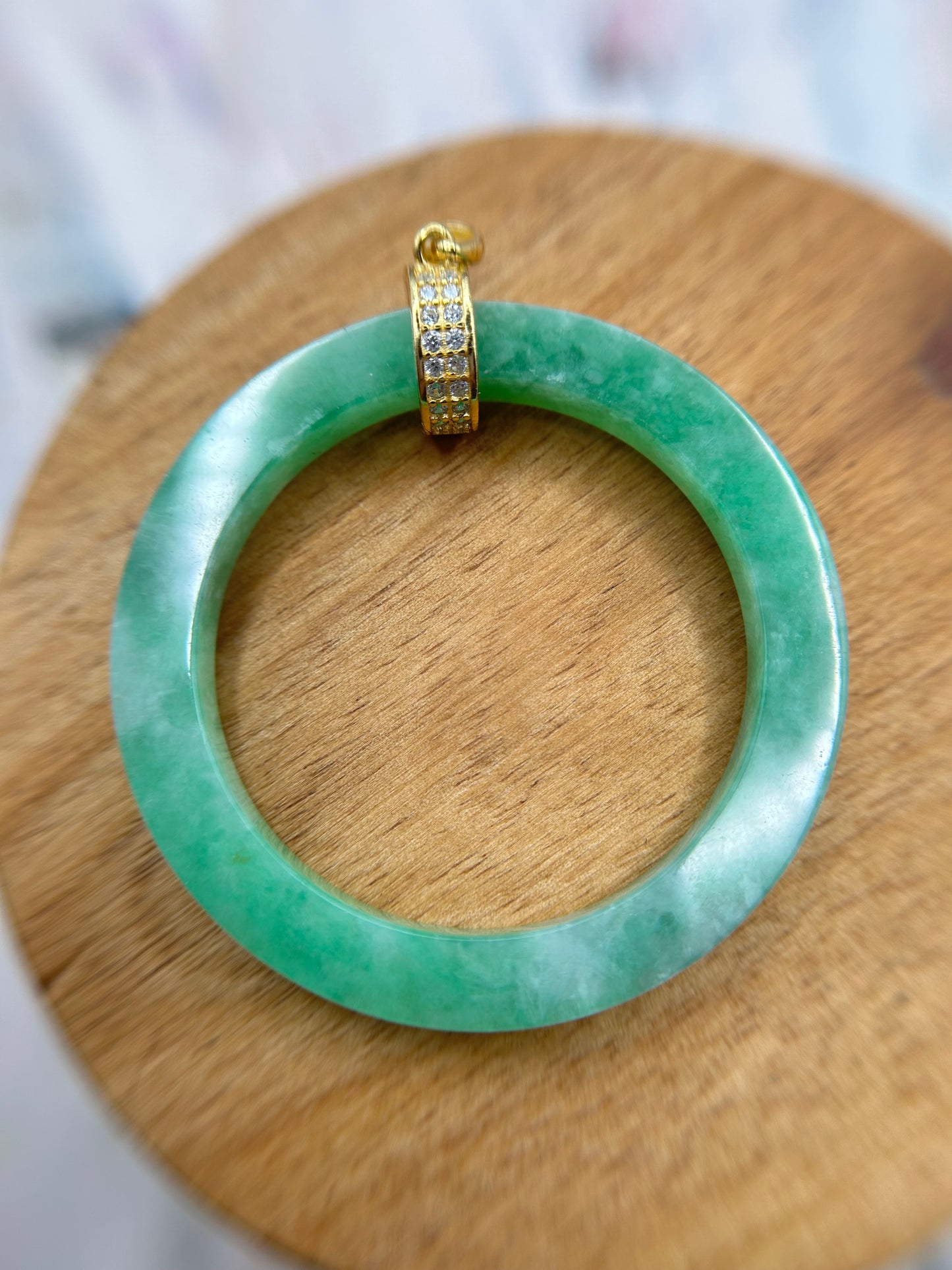 Grade A Natural Green Burmese Jadeite Full green Big circle Gold over Sterling Silver Bail Pendant