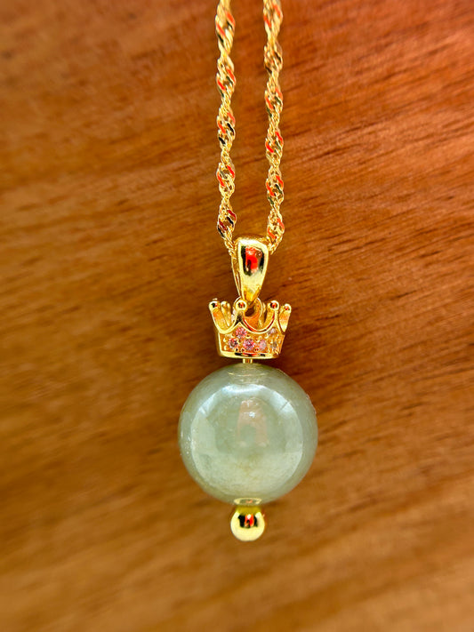 Grade A Natural lcy Green Bead Jadeite pendant with Crown Bail Gold Over Sterling Silver Necklace