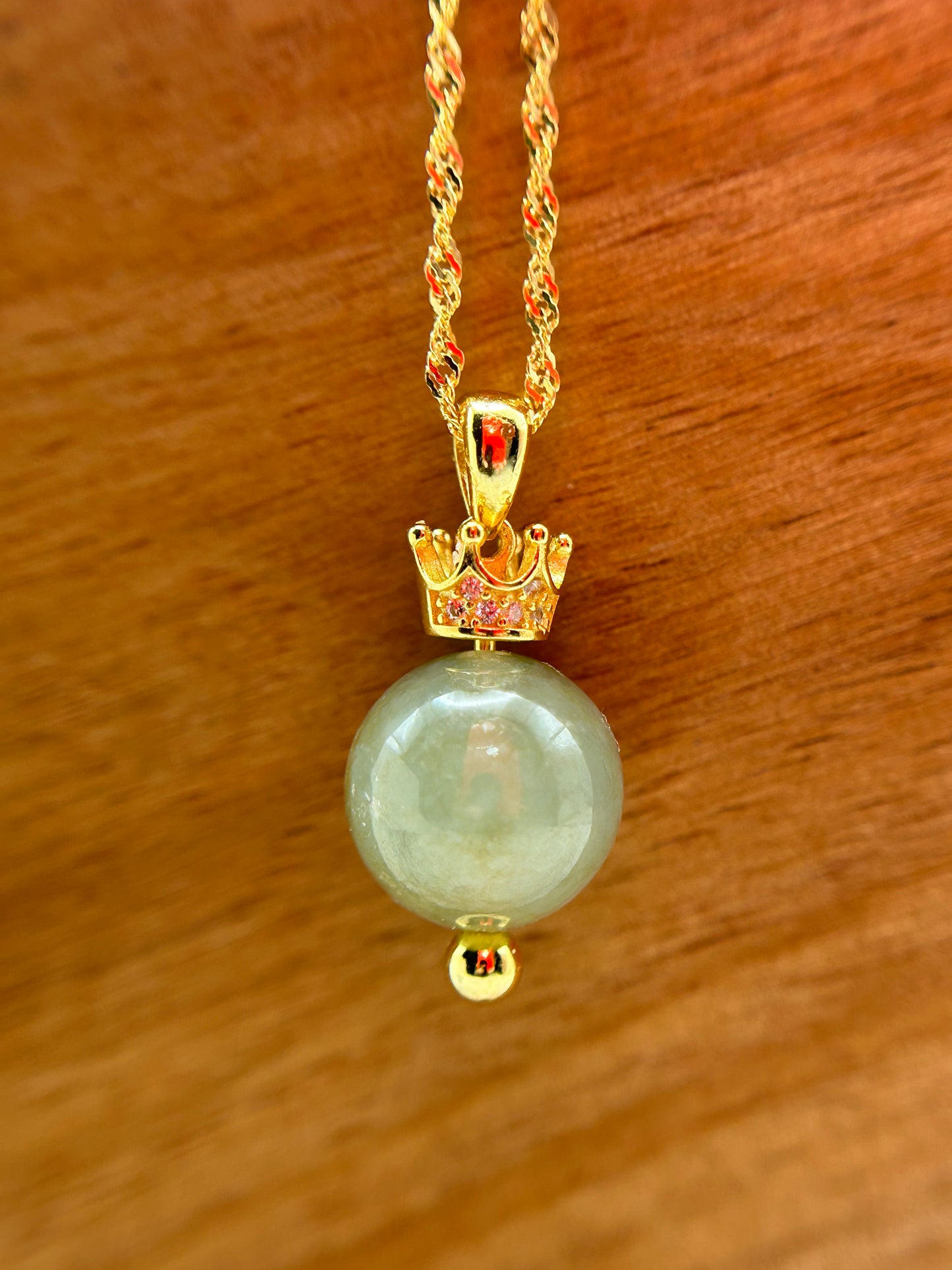 Grade A Natural lcy Green Bead Jadeite pendant with Crown Bail Gold Over Sterling Silver Necklace