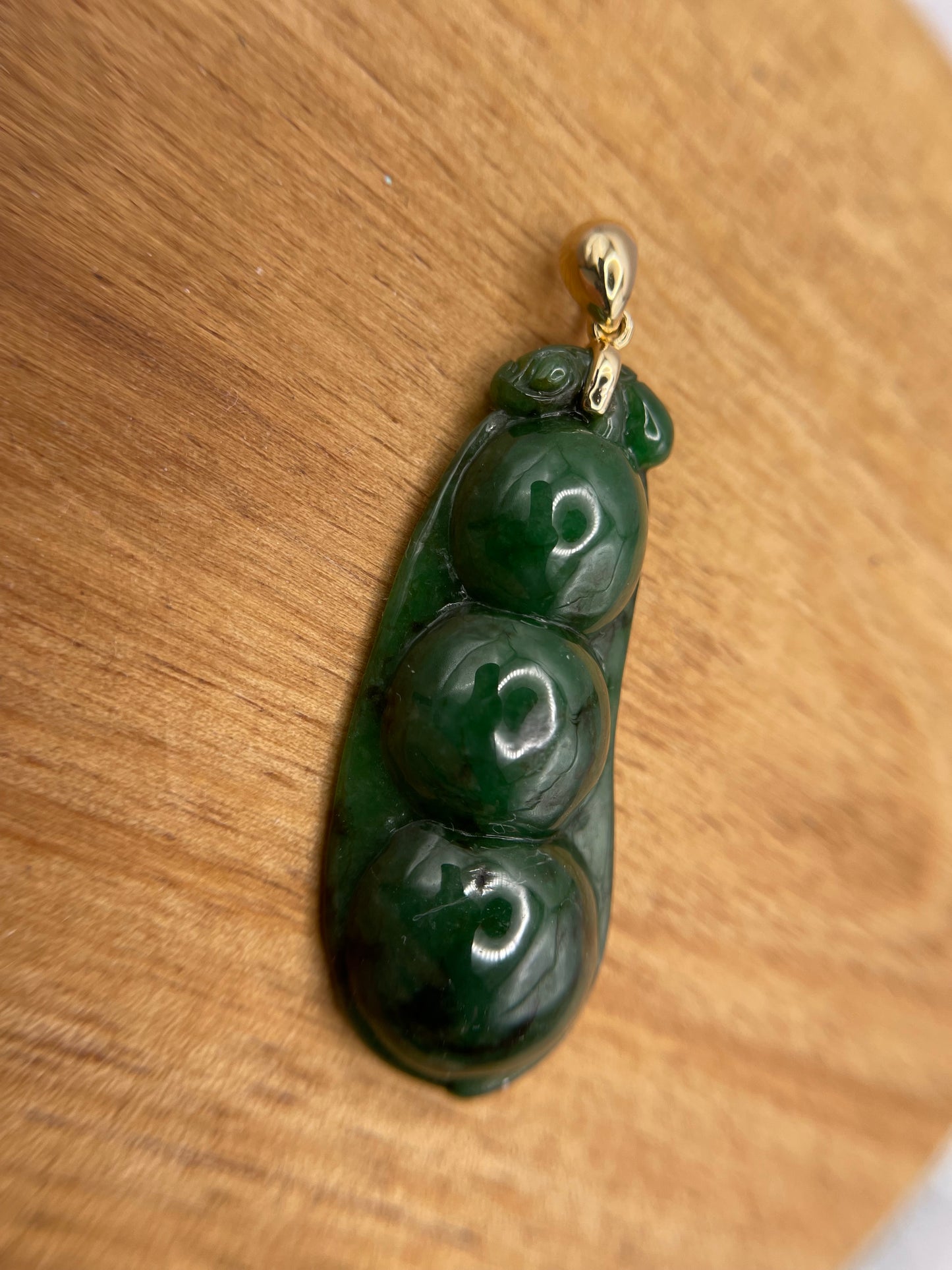 Grade A Natural 18K yellow gold bail deep green Three peas in a pod Jadeite pendant.