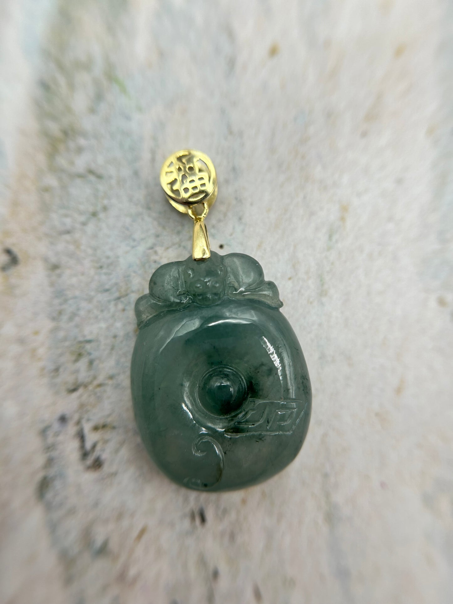 Grade A Natural Blue Burma Jadeite Bat on Coin with Gold over Sterling Silver Bail Pendant