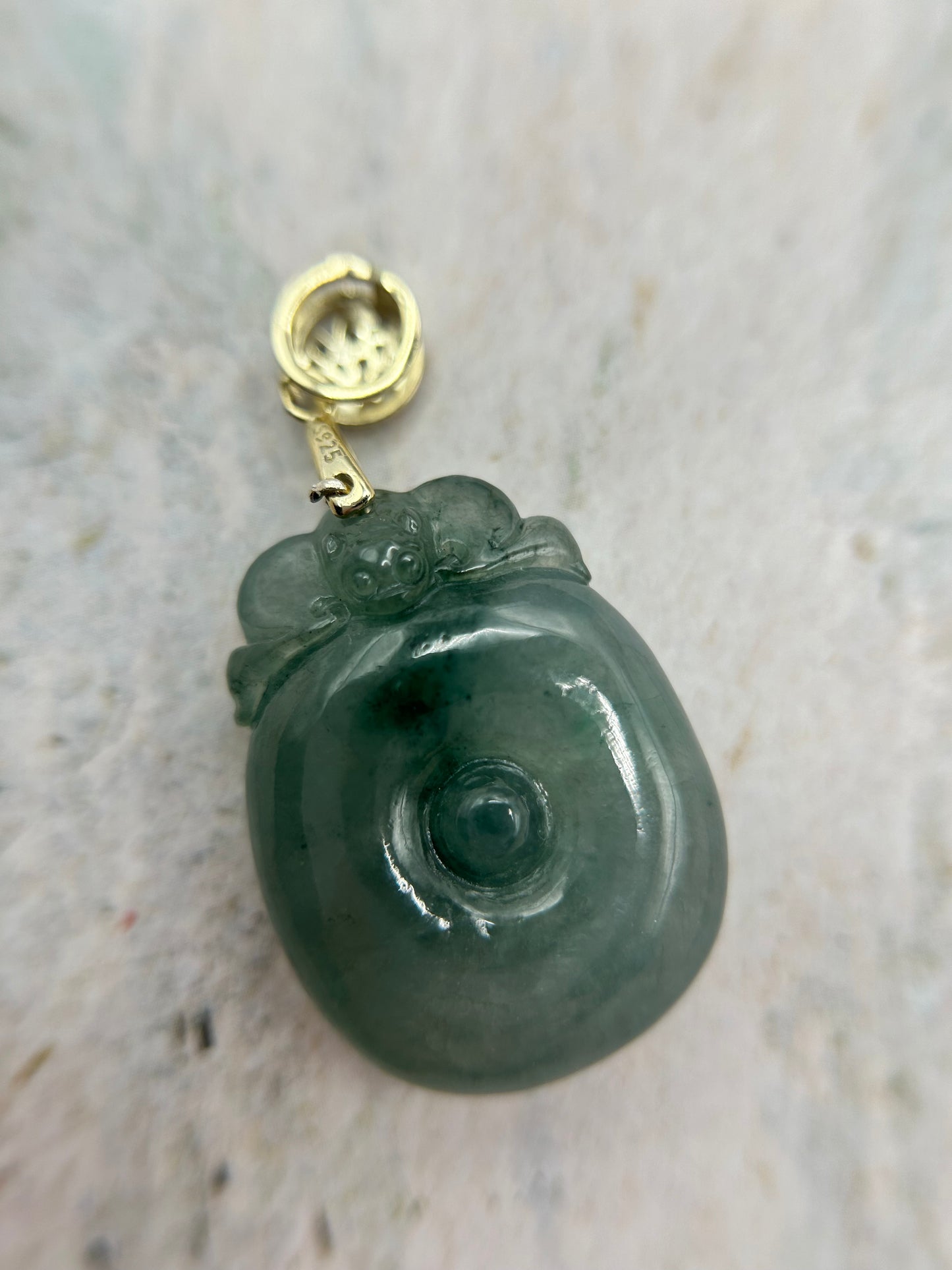 Grade A Natural Blue Burma Jadeite Bat on Coin with Gold over Sterling Silver Bail Pendant