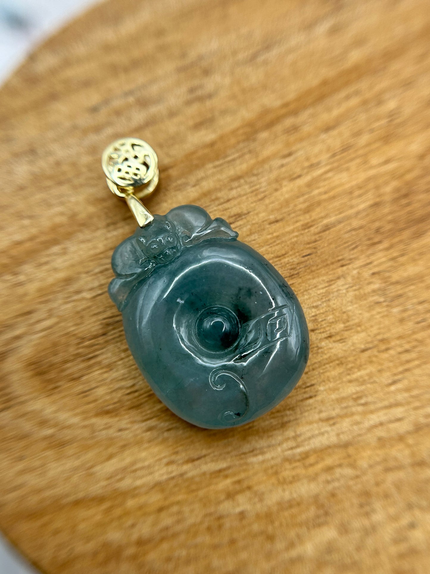 Grade A Natural Blue Burma Jadeite Bat on Coin with Gold over Sterling Silver Bail Pendant