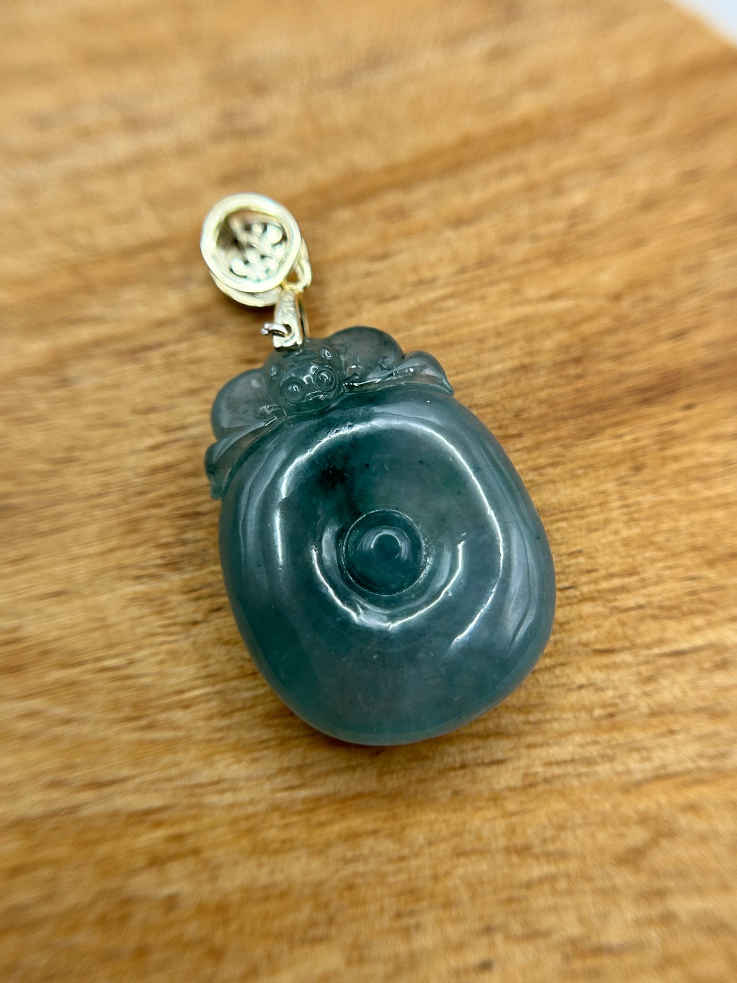 Grade A Natural Blue Burma Jadeite Bat on Coin with Gold over Sterling Silver Bail Pendant