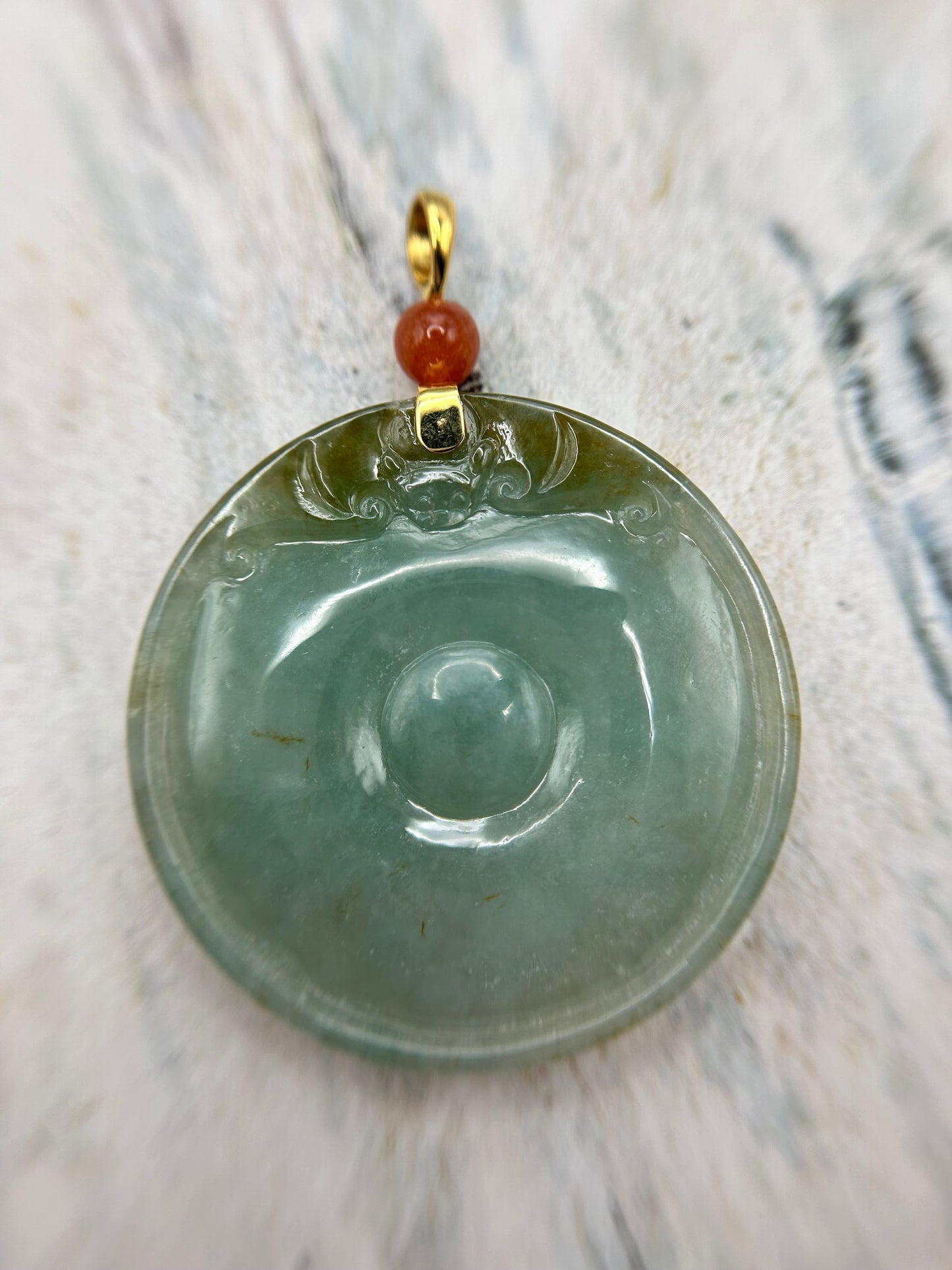 Grade A Natural y Yellow and Green Burma Jadeite Bat on Coin with 18K  Gold Bail Pendant