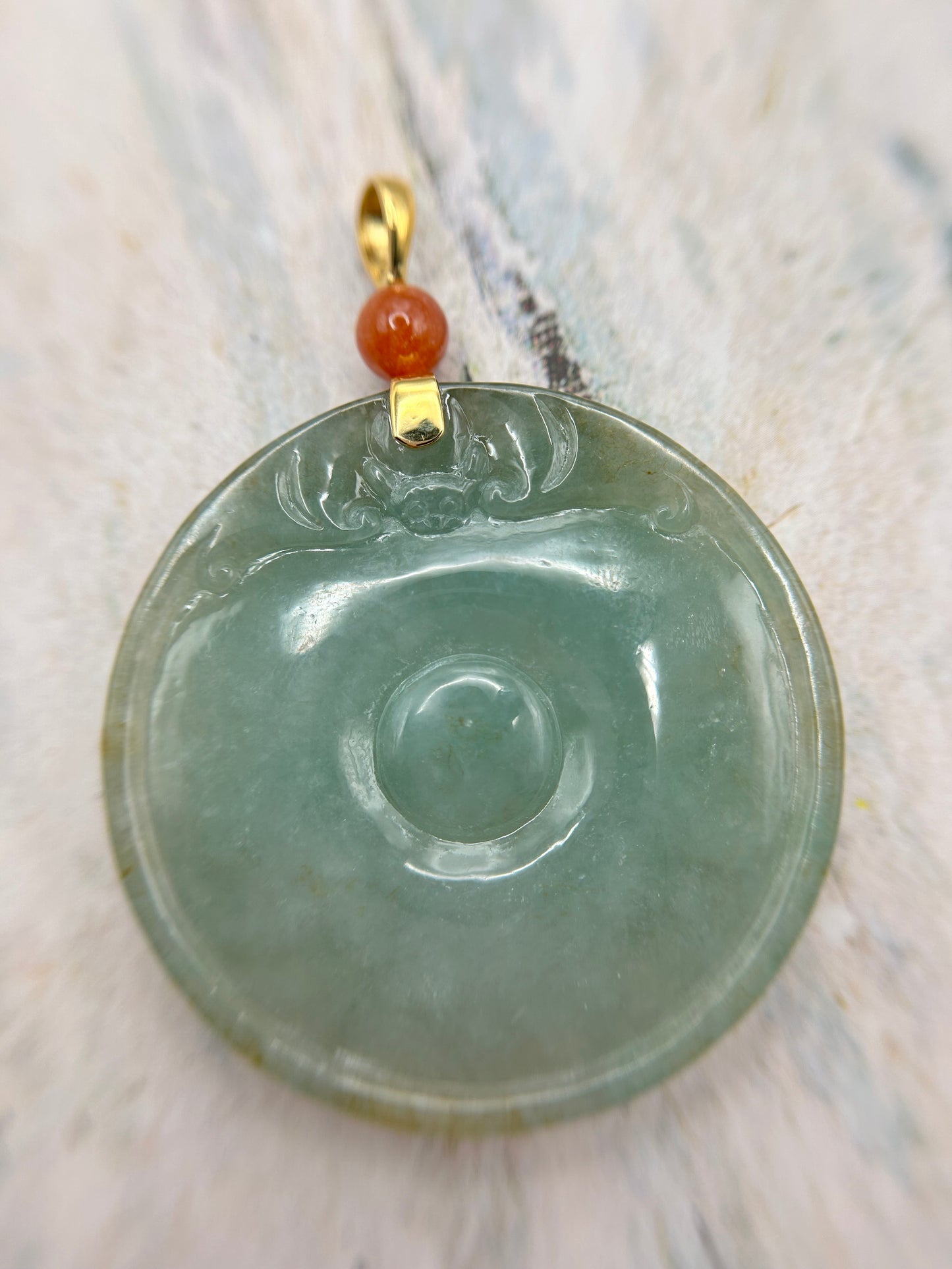 Grade A Natural y Yellow and Green Burma Jadeite Bat on Coin with 18K  Gold Bail Pendant