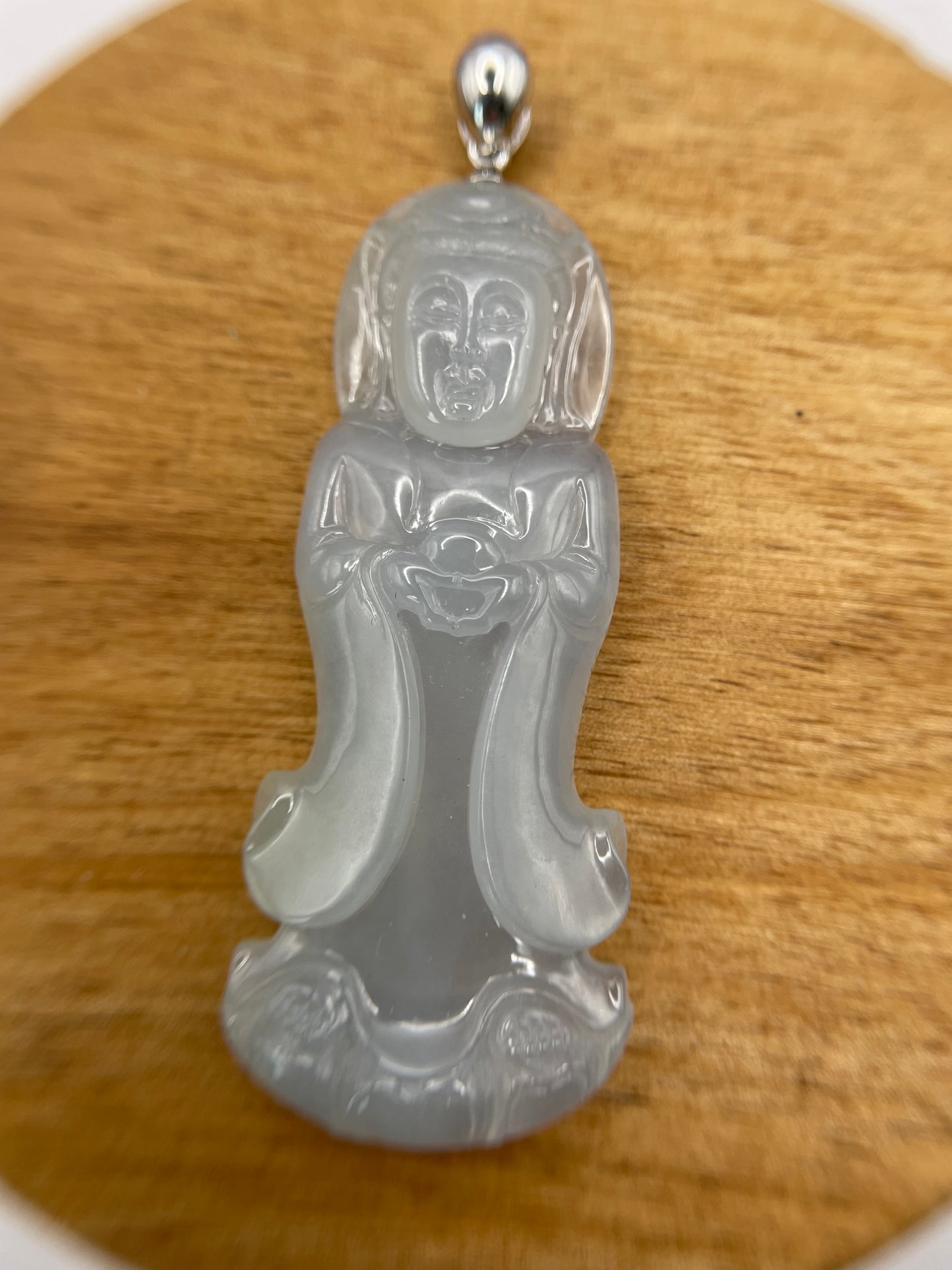 Grade A Natural Icy White Burma Jadeite Guanyin pendant with 18K white gold bail