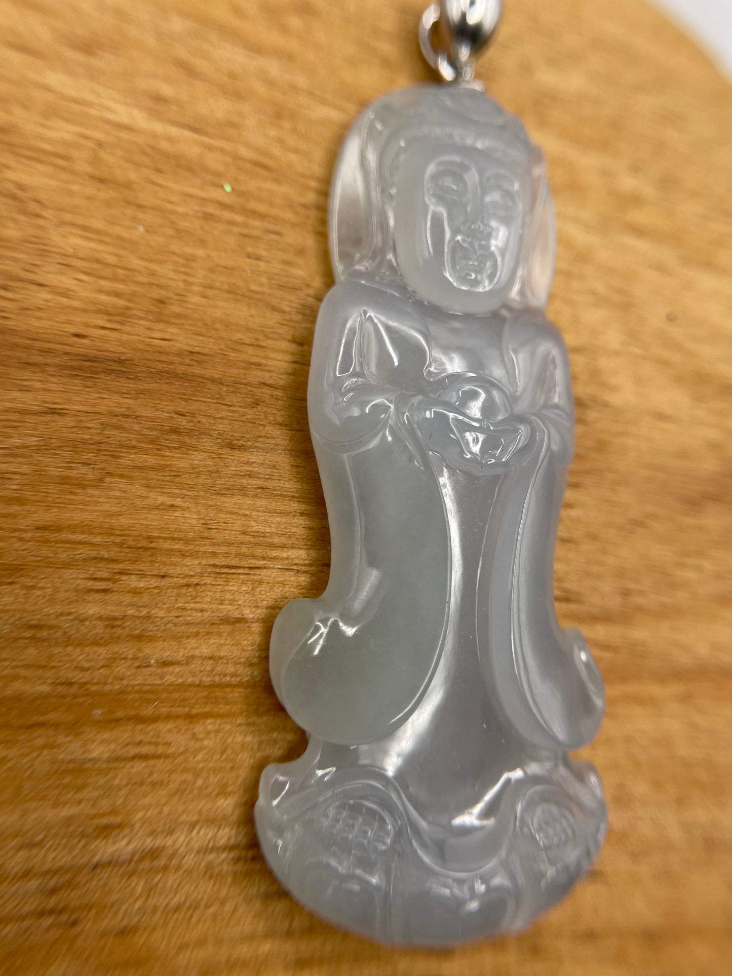 Grade A Natural Icy White Burma Jadeite Guanyin pendant with 18K white gold bail