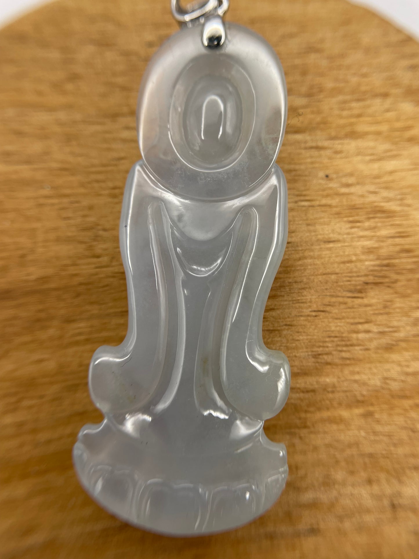 Grade A Natural Icy White Burma Jadeite Guanyin pendant with 18K white gold bail