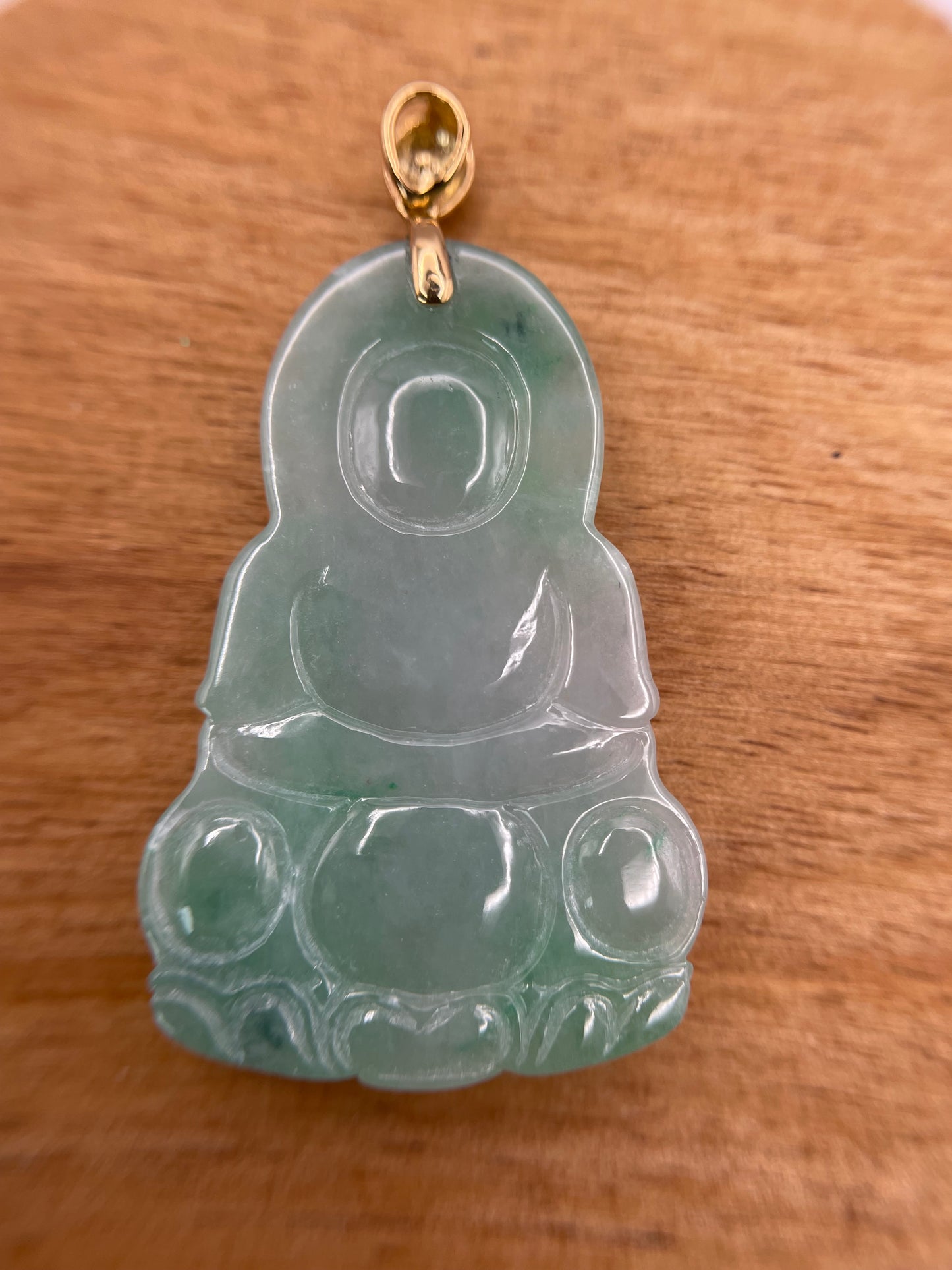 Grade A Natural Icy Green Burma Jadeite Guanyin pendant with 18K Yellow gold bail