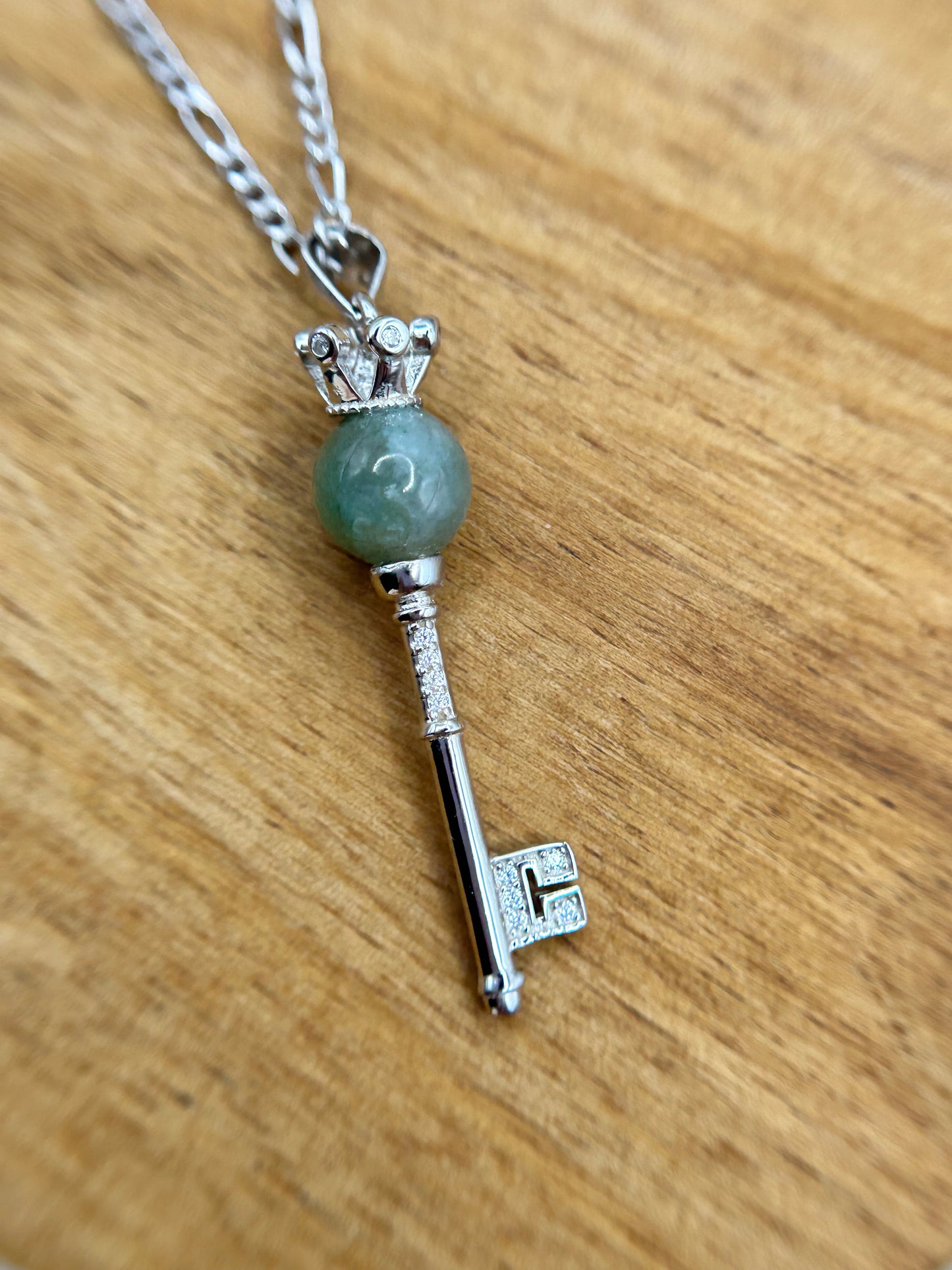 Grade A Natural Burma Green Jadeite Silver key necklace