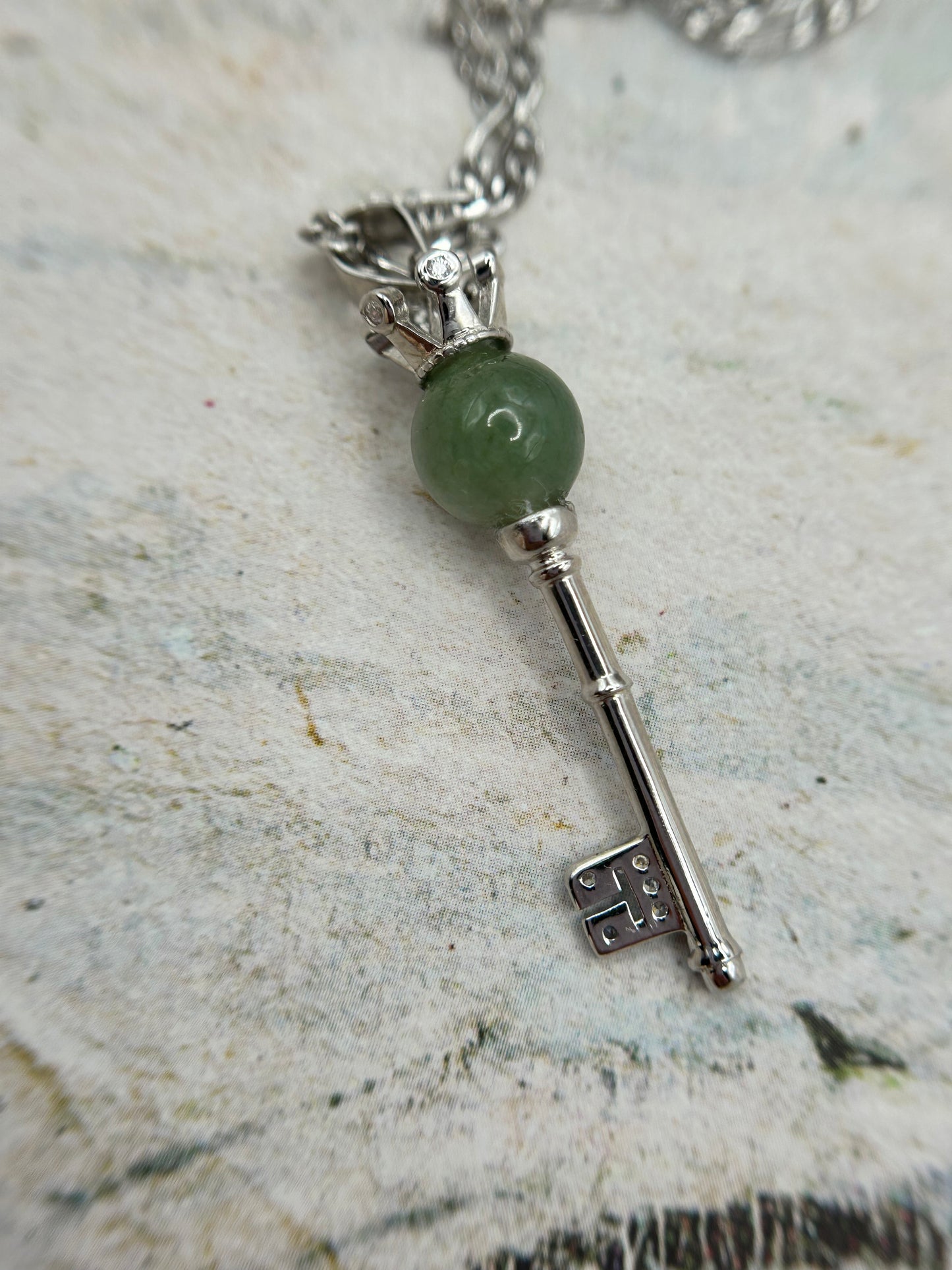 Grade A Natural Burma Green Jadeite Silver key necklace