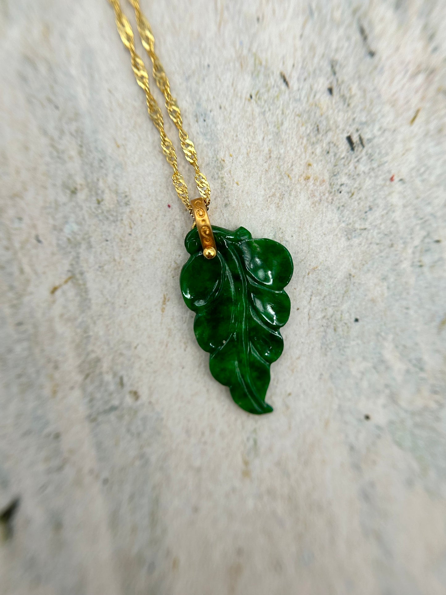 Grade A Natural Icy green Burma Jadeite pendant with double sided hand carved with leaf necklace