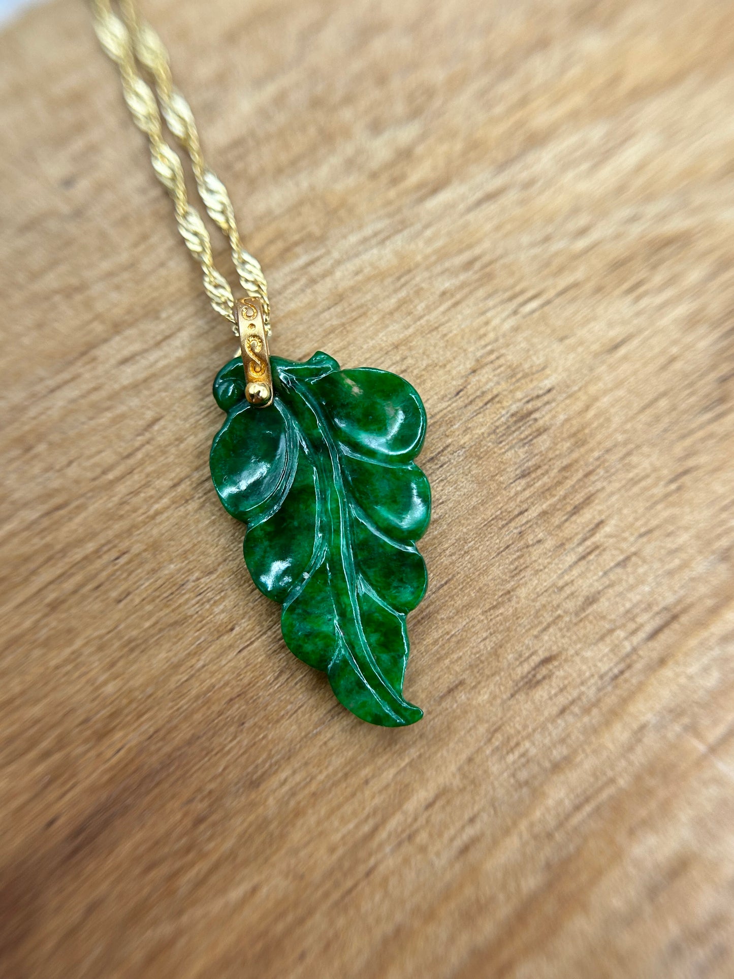 Grade A Natural Icy green Burma Jadeite pendant with double sided hand carved with leaf necklace