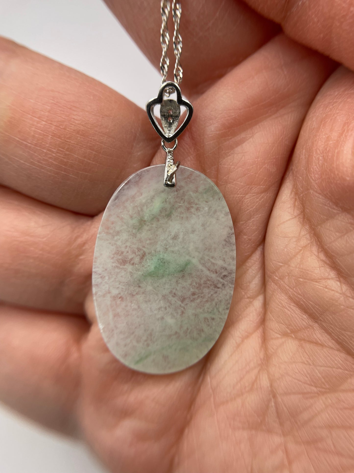 Grade A Natural Icy White Burma Jadeite Oval pendant With Silver bail Pendant