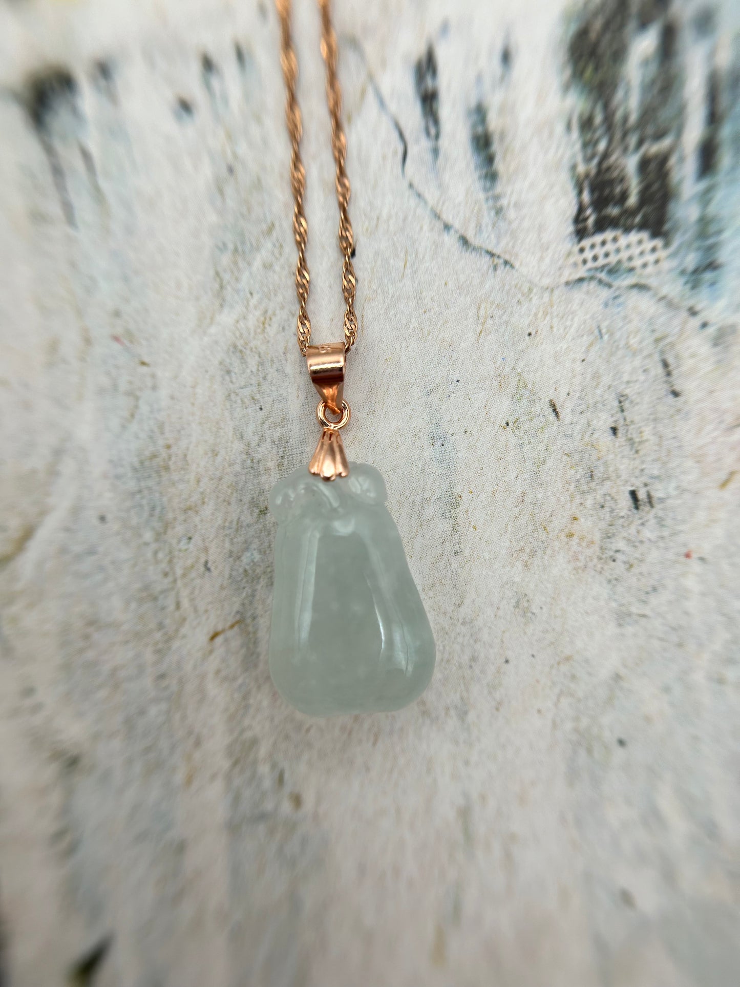 Grade A Natural Burma Icy  white Jadeite squash pendant with Rose gold over Sterling silver bail necklace