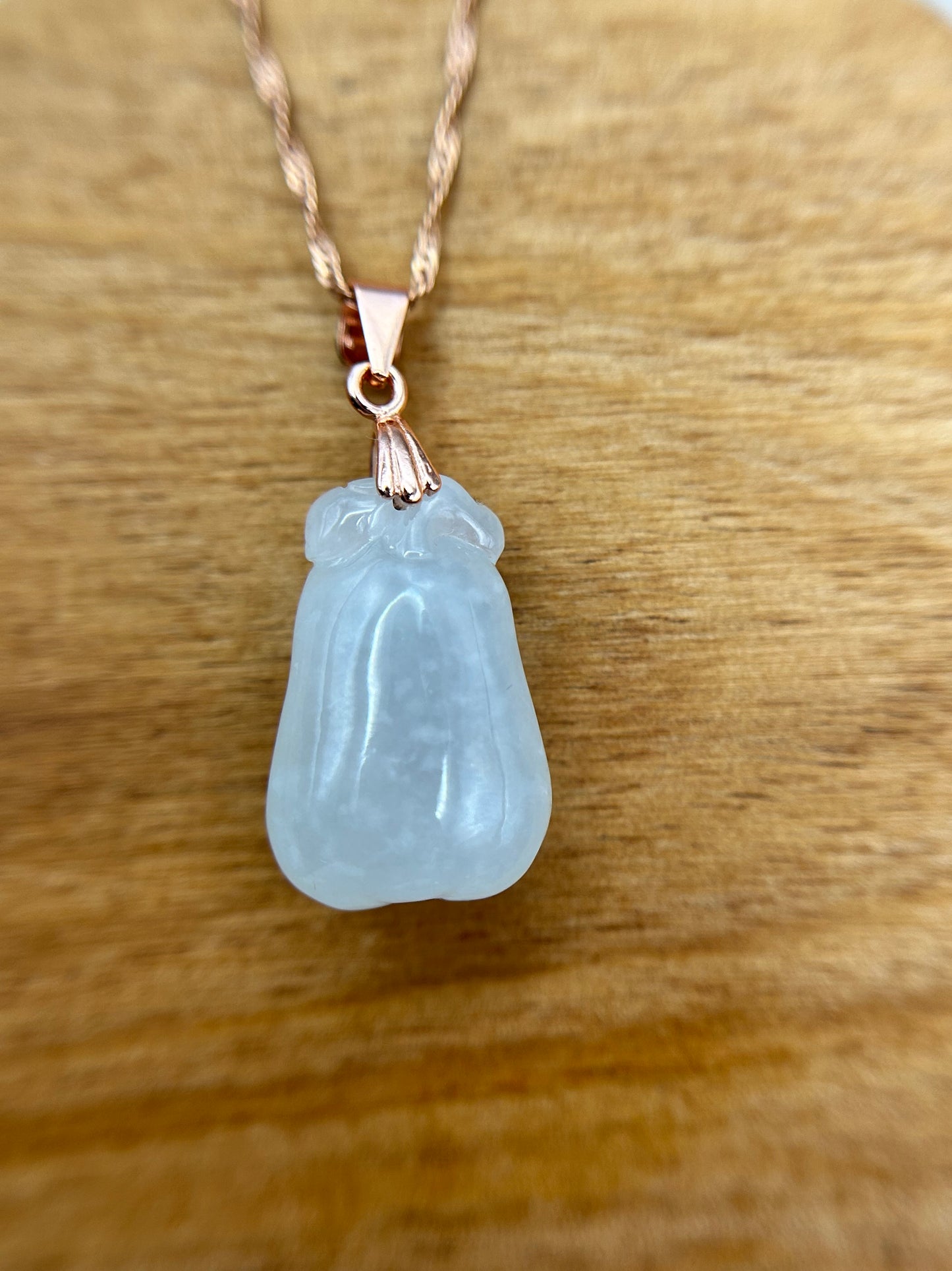 Grade A Natural Burma Icy  white Jadeite squash pendant with Rose gold over Sterling silver bail necklace